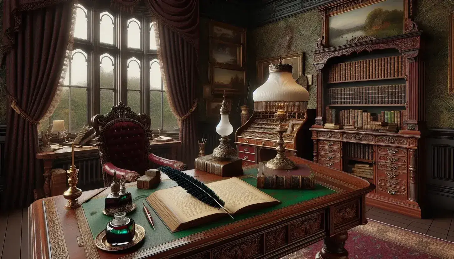 Victorian study room with ornate wooden desk, green blotter, quill pen, inkwell, red velvet armchair, brass oil lamp, and bookcase filled with leather-bound books.