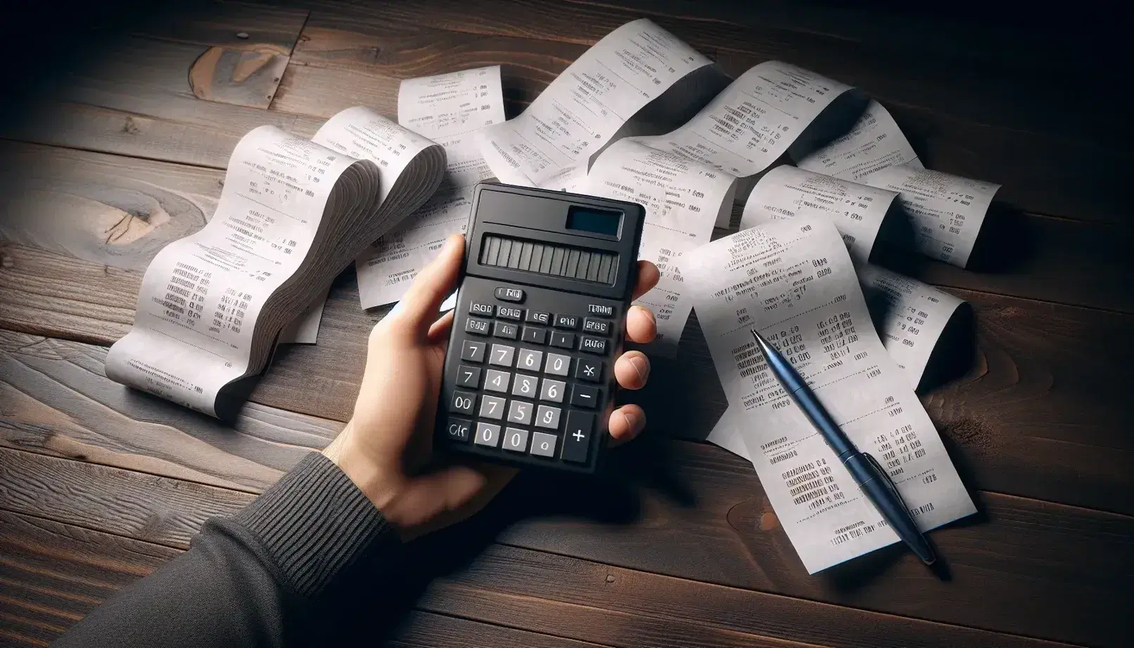 Mano sujetando calculadora apagada sobre escritorio de madera con recibos y bolígrafo azul al lado, reflejando gestión financiera o contabilidad.