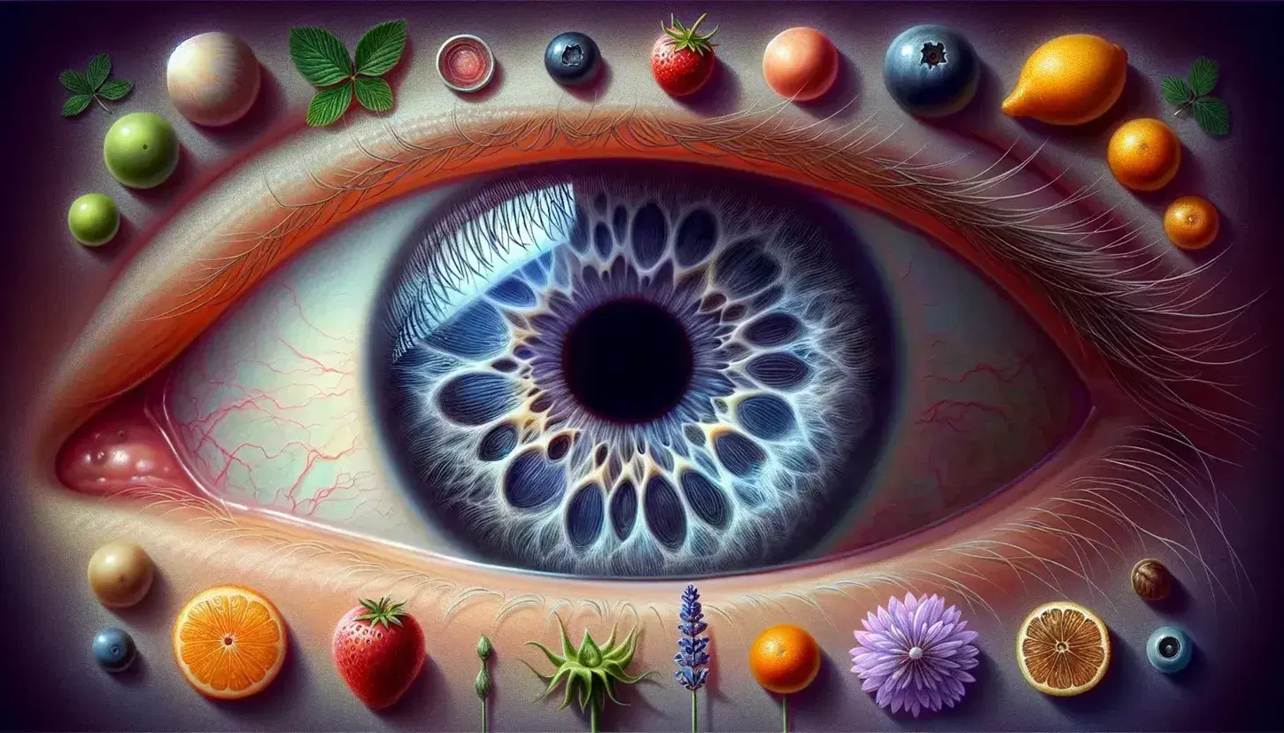 Close-up of a human eye with deep blue iris and black pupil, surrounded by a red strawberry, an orange citrus fruit and a lavender flower.