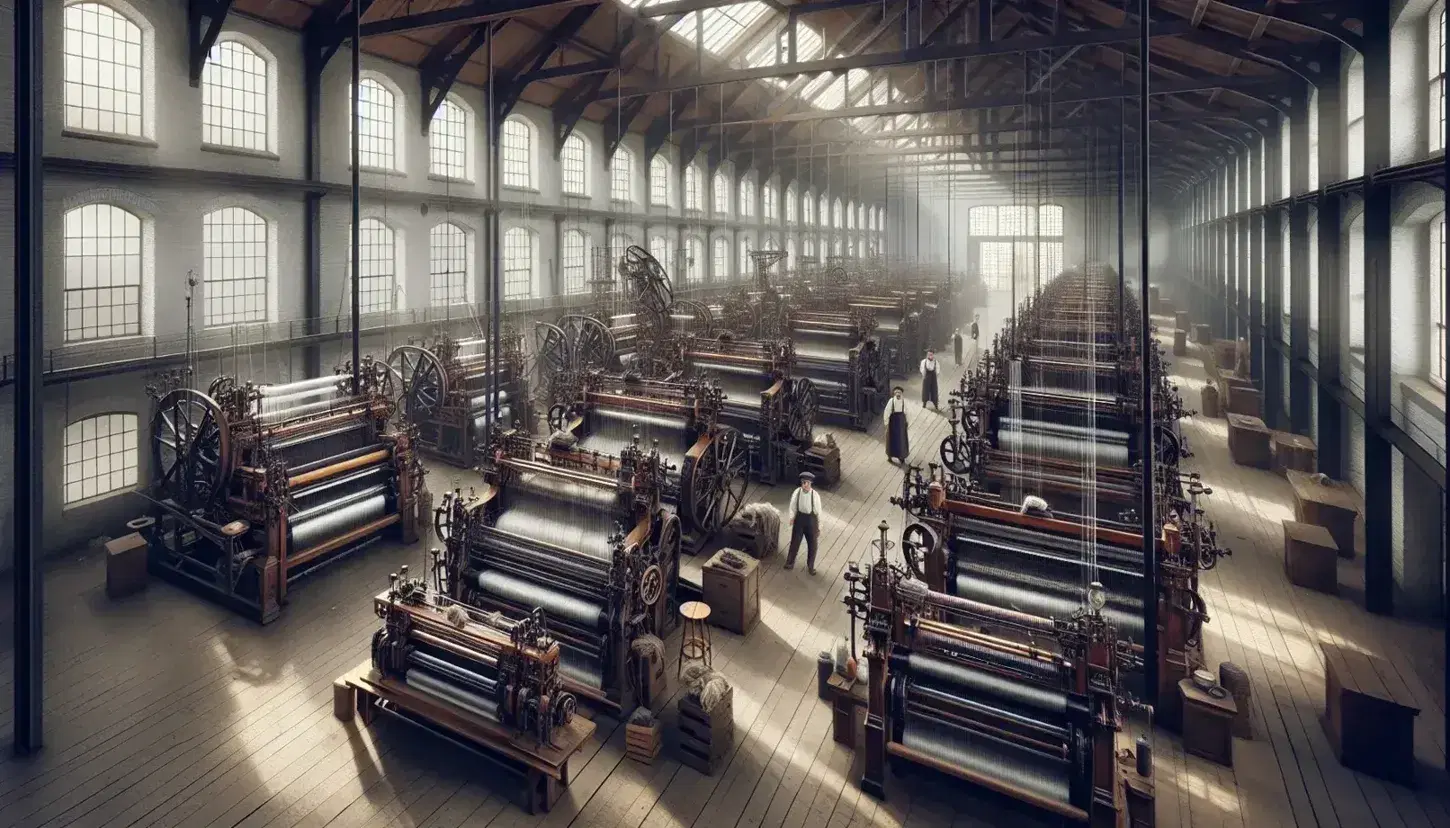 Escena de una fábrica textil de la Revolución Industrial con trabajadores operando telares de madera y metal, iluminados por luz natural de grandes ventanas.