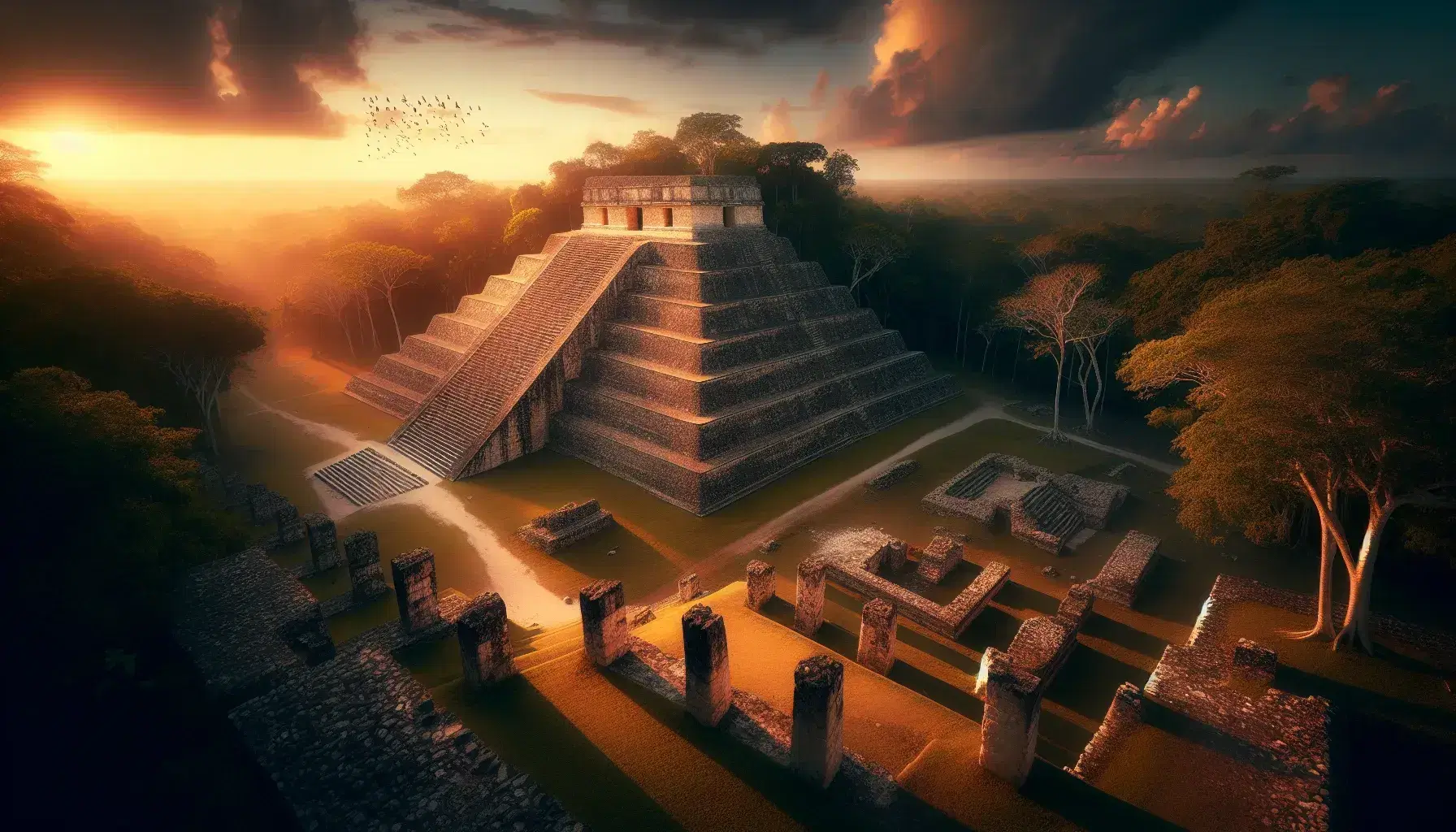 Vista panorámica al atardecer de una pirámide maya escalonada y ruinas de columnas en un sitio arqueológico rodeado de selva.