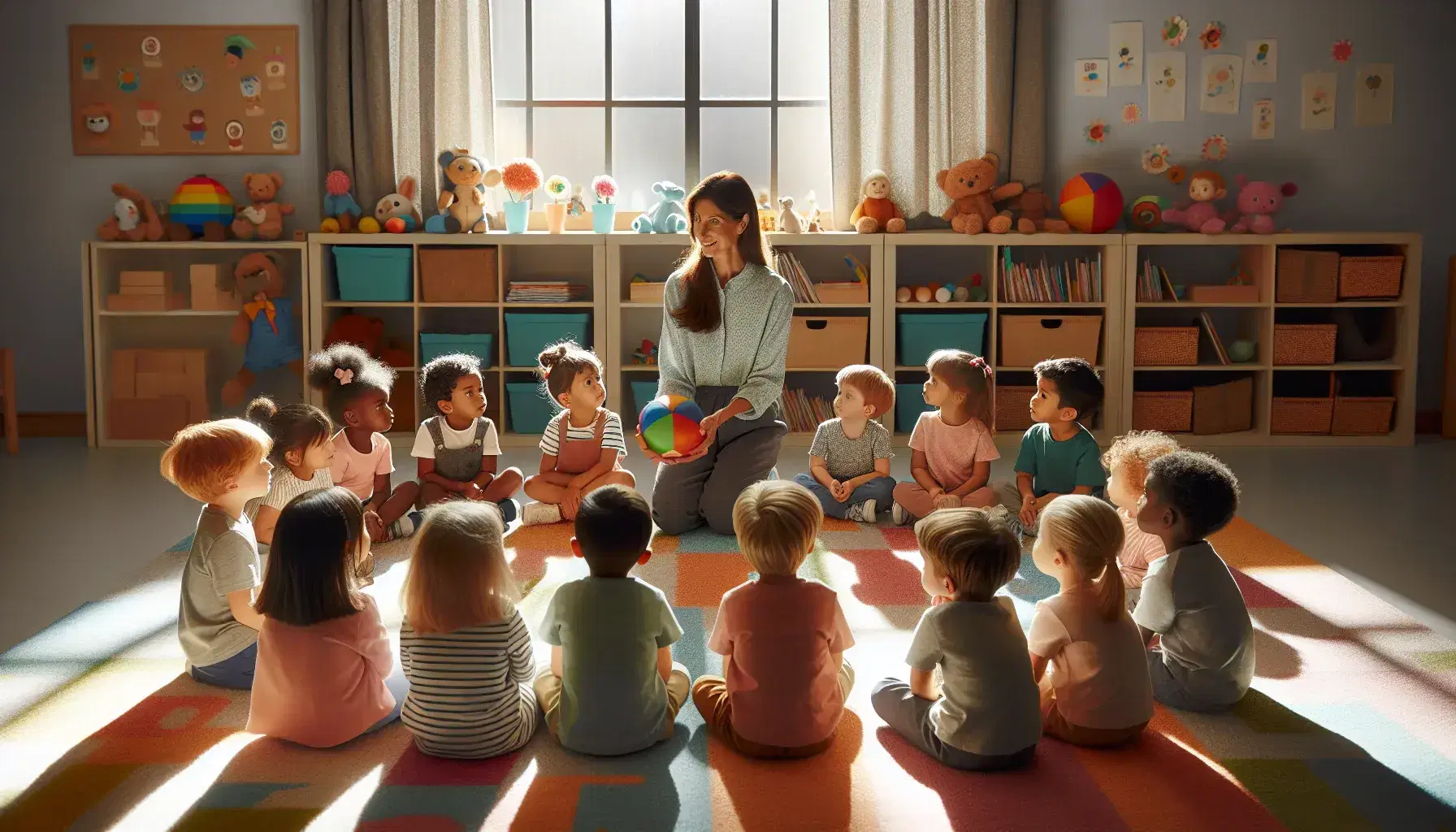 Niños pequeños de diversas etnias sentados en semicírculo en una sala iluminada con luz natural, atentos a una maestra que sostiene un objeto colorido.