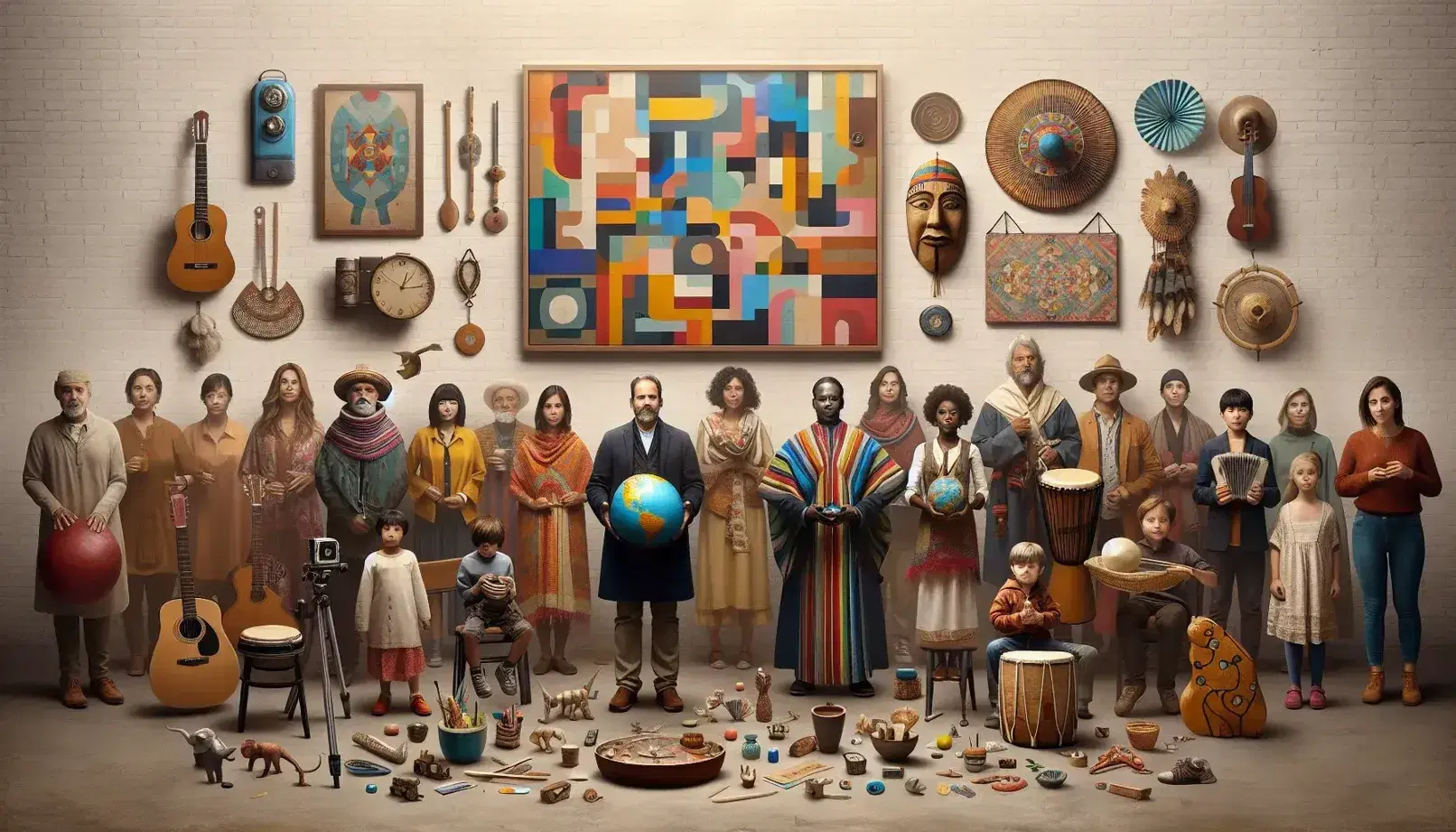 Grupo diverso de personas con un hombre sosteniendo un globo terráqueo, una mujer tocando un tambor y un niño con avión de juguete, frente a una pared con objetos culturales.