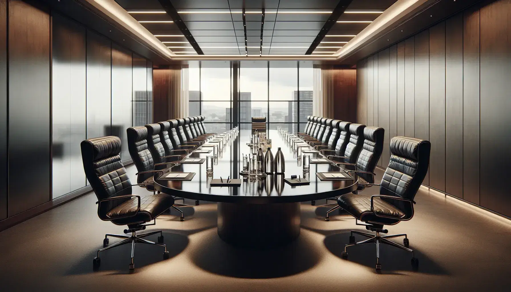 Elegant boardroom with large oval wooden table, black leather chairs, water pitchers, and notepads, bathed in natural and artificial light, city view.