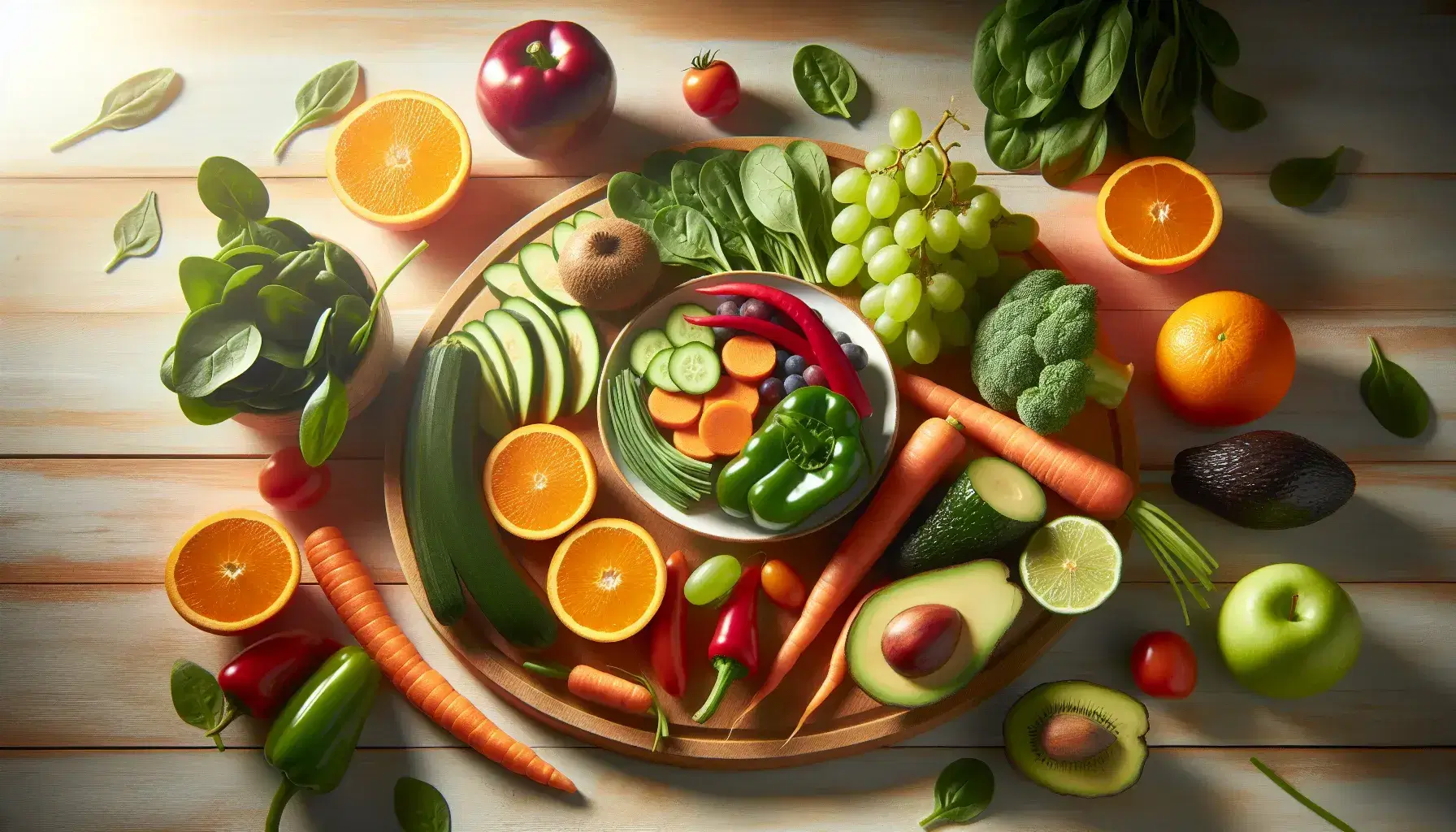 Variedad de frutas y verduras frescas en superficie de madera clara, con uvas, naranja, pimiento rojo, espinacas, zanahoria y aguacate cortado.