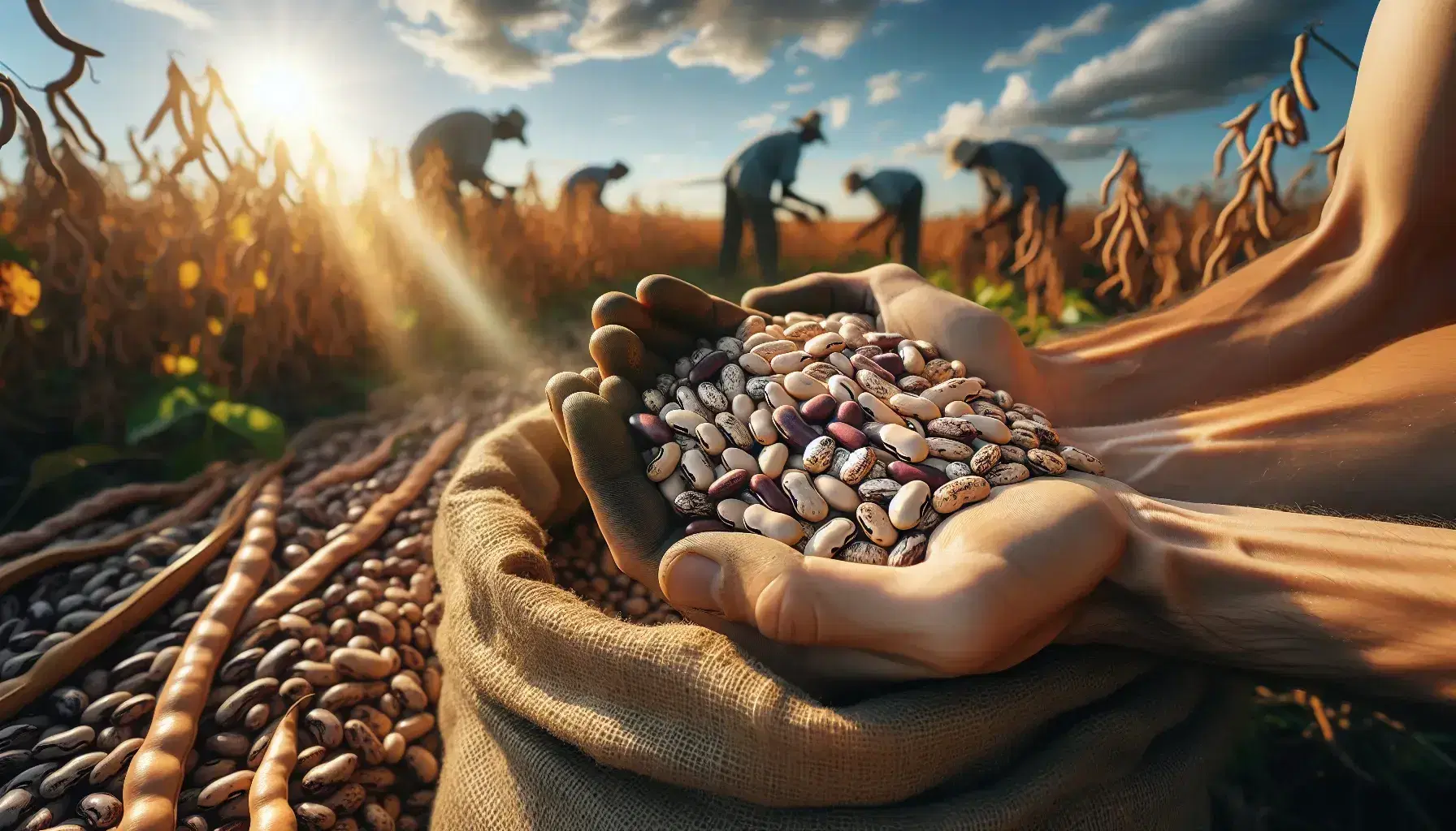 Manos sosteniendo granos de frijol recién cosechados con campo de cultivo y cielo azul al fondo, reflejando la labor agrícola y la cosecha.