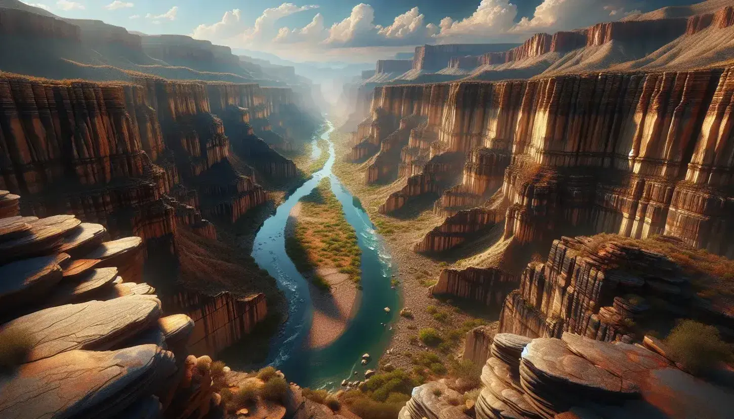 Panorama di un canyon profondo con pareti rocciose stratificate e fiume serpeggiante, cielo riflesso nell'acqua, vegetazione sparsa.