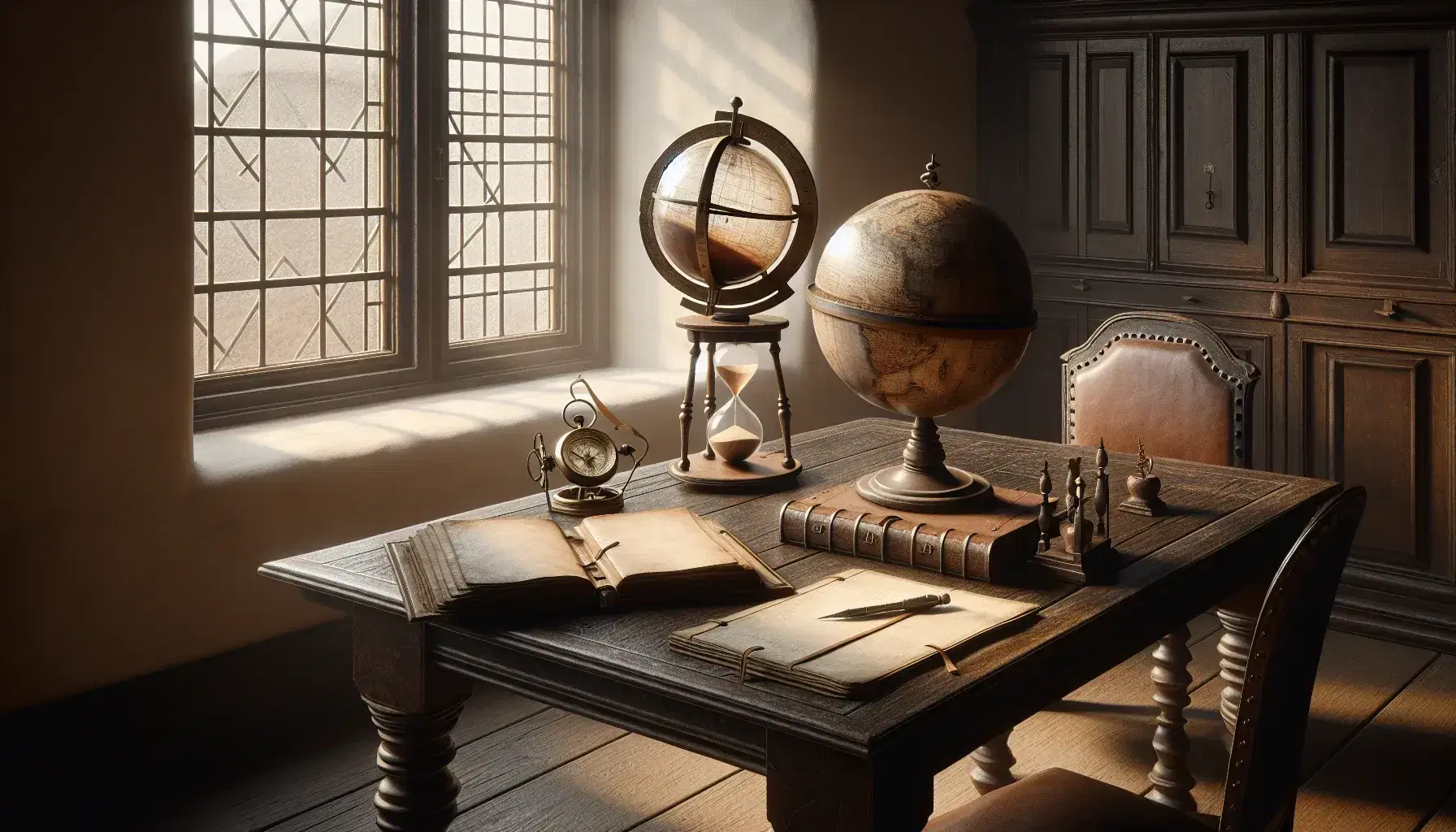 Escena de estudio del siglo XVII con mesa de madera oscura, globo terráqueo antiguo, compás metálico, cuaderno de cuero y reloj de arena junto a ventana iluminada.