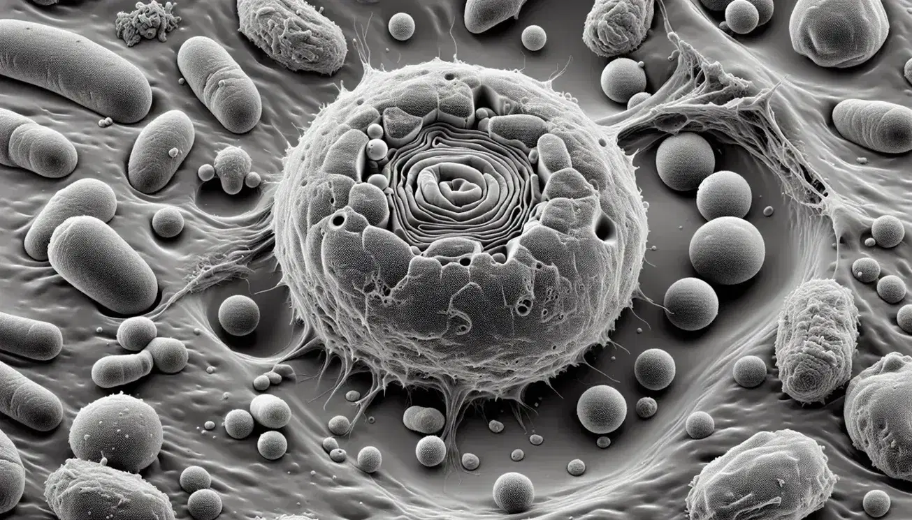 Micrografía electrónica de alta resolución de célula eucariota con núcleo esférico, mitocondrias, retículo endoplásmico rugoso y aparato de Golgi.