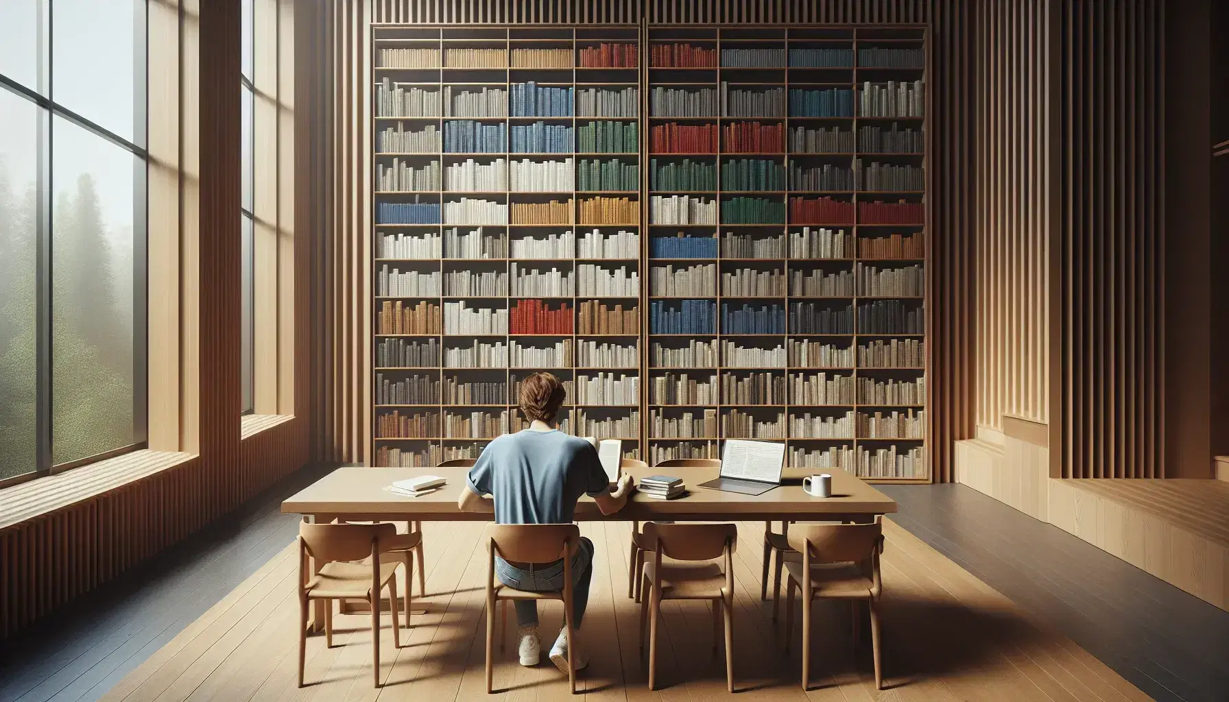 Biblioteca pubblica con scaffale pieno di libri colorati, persona che sfoglia un libro e un'altra al laptop, globo terrestre in primo piano.