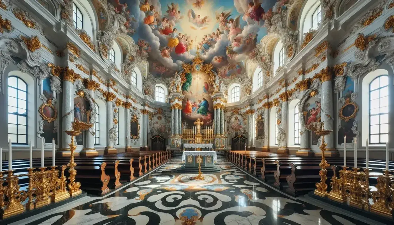 Altar de mármol blanco y oro en iglesia barroca con pintura bíblica y candelabros, techo con frescos de ángeles y bancas de madera en suelo de mosaico.