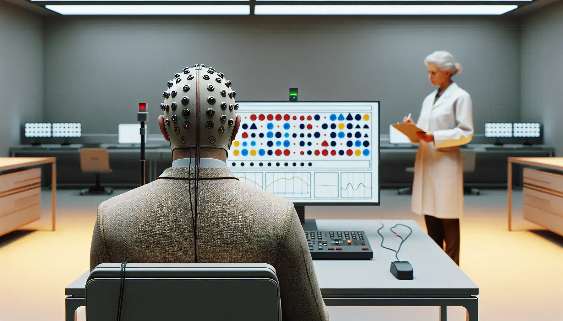 Participant in EEG cap focuses on a computer screen with geometric shapes during a cognitive psychology experiment, as a researcher takes notes.