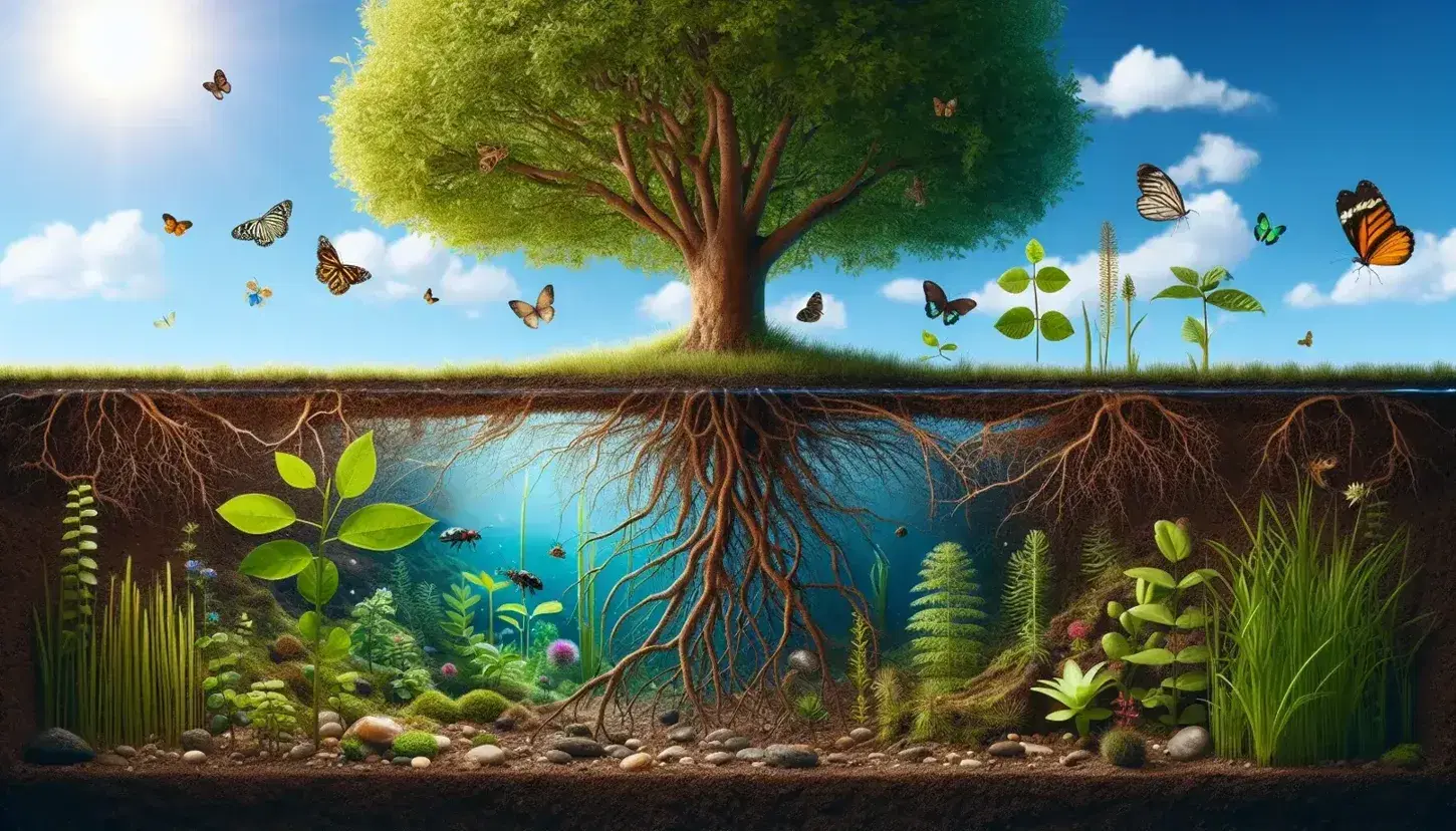 Ecosistema natural con cielo azul, nubes, árbol con hojas verdes, tronco marrón, suelo con raíces, plantas, insectos, estanque y fauna acuática.