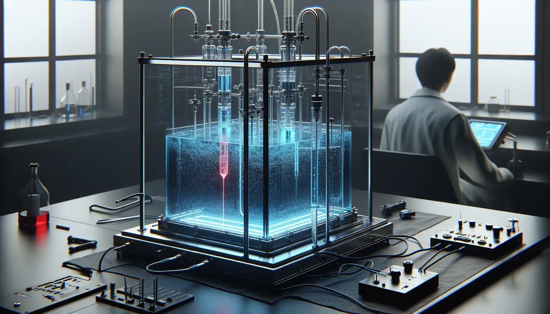 Laboratory setup with a large transparent tank filled with blue liquid, flanked by red and black probes connected to an electronic device, with a blurred technician adjusting settings.