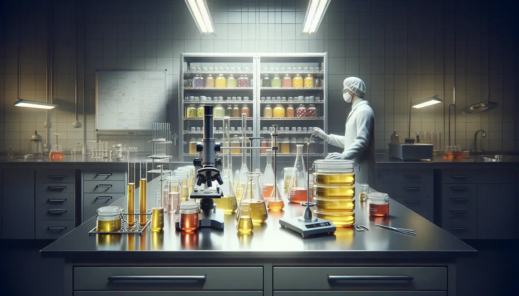 Laboratorio de ciencias de alimentos con mesa de trabajo, microscopio, frascos con líquidos coloridos y técnico en bata blanca.