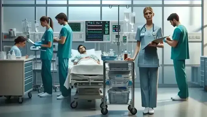 Enfermera ajustando suero a paciente en cama de hospital, con carro de instrumentos médicos al lado y otro enfermero anotando datos en el fondo.