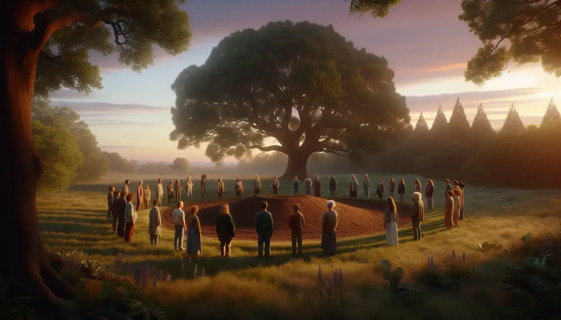 Serene sunset with people in circle around mound of earth, ancient tree in background and child watching butterfly on flower.