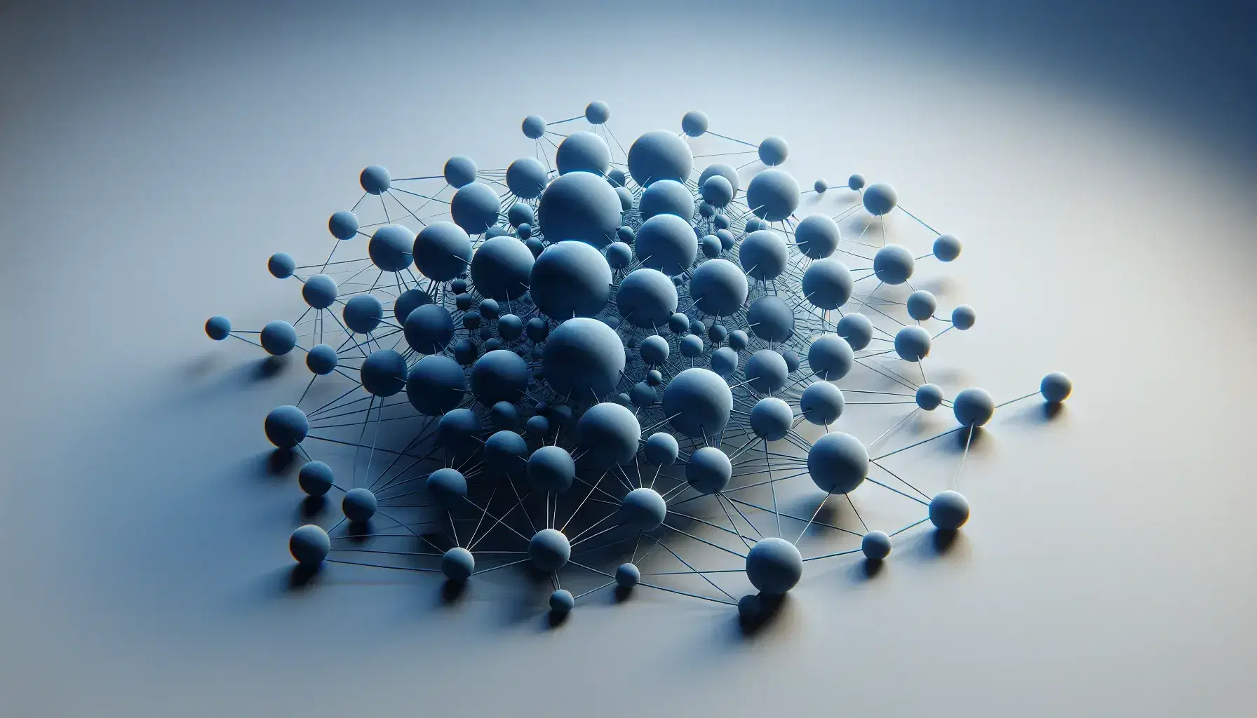 Network of blue interconnected nodes on a gray background, with thin connections and a dense central cluster that fades towards the edges.