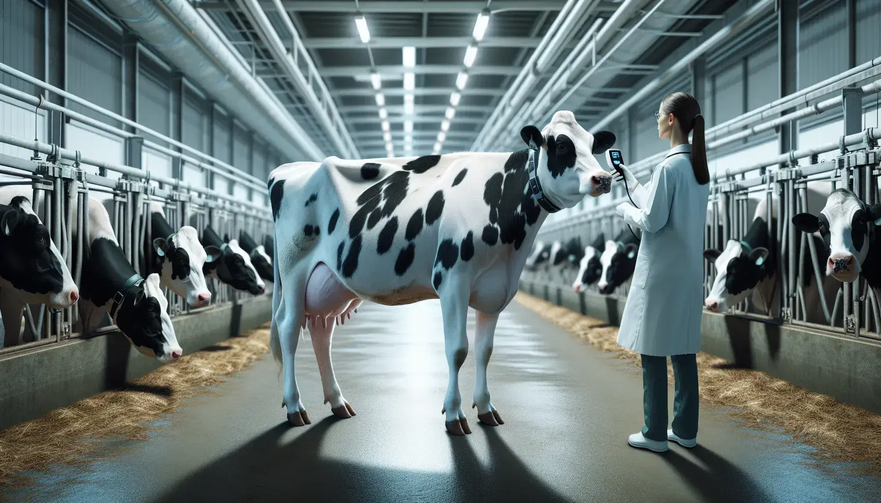 Vaca Holstein en establo con veterinario examinándola, ambiente limpio y luminoso, sin marcas visibles en los animales o herramientas.