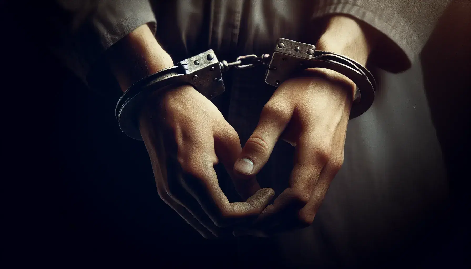 Shackled hands with metal cuffs in focus against a dark blurred background, symbolizing captivity or a call for help.