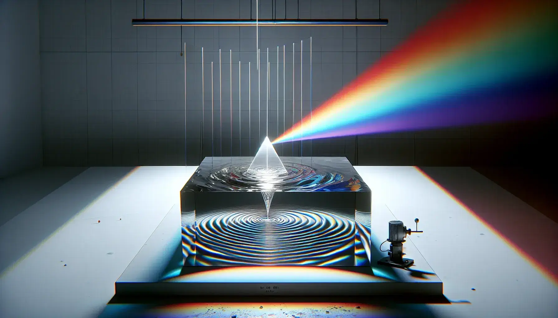 Laboratory setup with a glass prism dispersing white light into a color spectrum and a ripple tank displaying wave patterns on a screen.