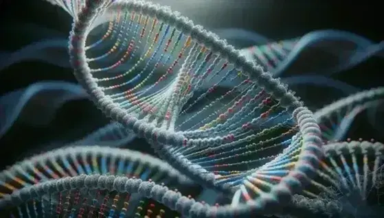 Estructura detallada de doble hélice de ADN en 3D con pares de bases coloridos resaltando sobre fondo desenfocado.
