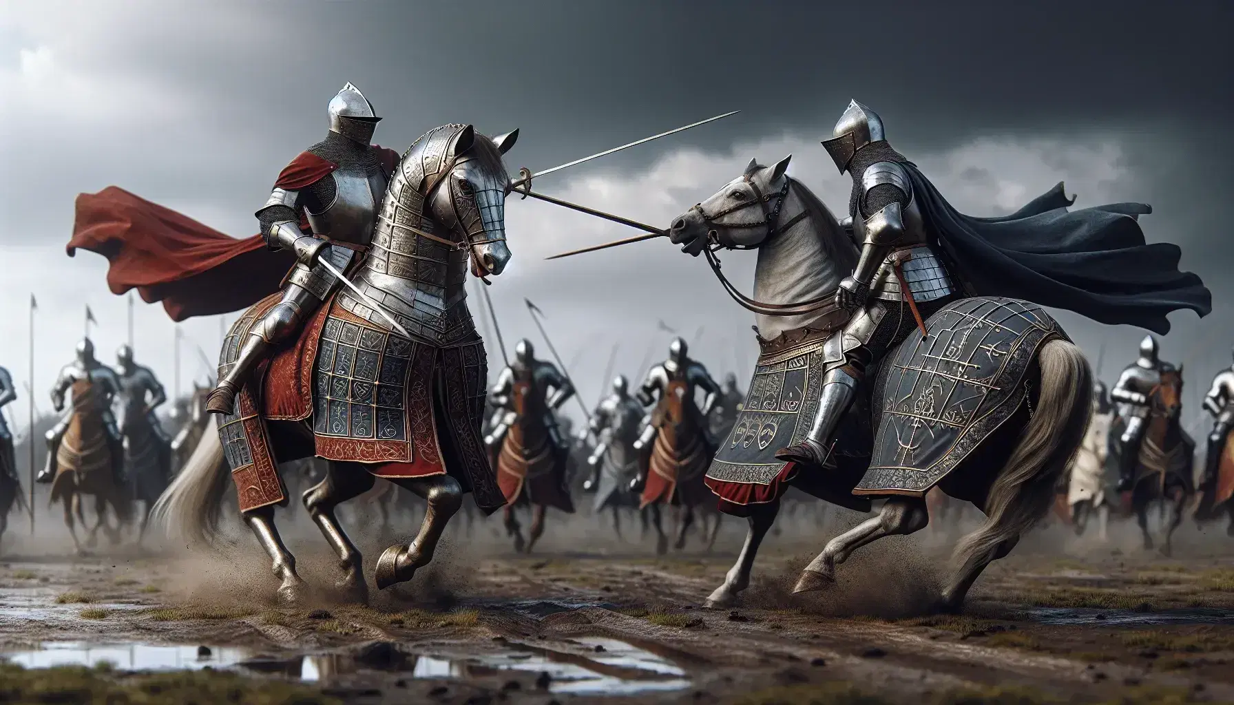 Cavaliere in armatura argentea e mantello rosso duella contro avversario in armatura grigia e mantello blu su cavalli corazzati, sfondo di battaglia medievale nuvoloso.
