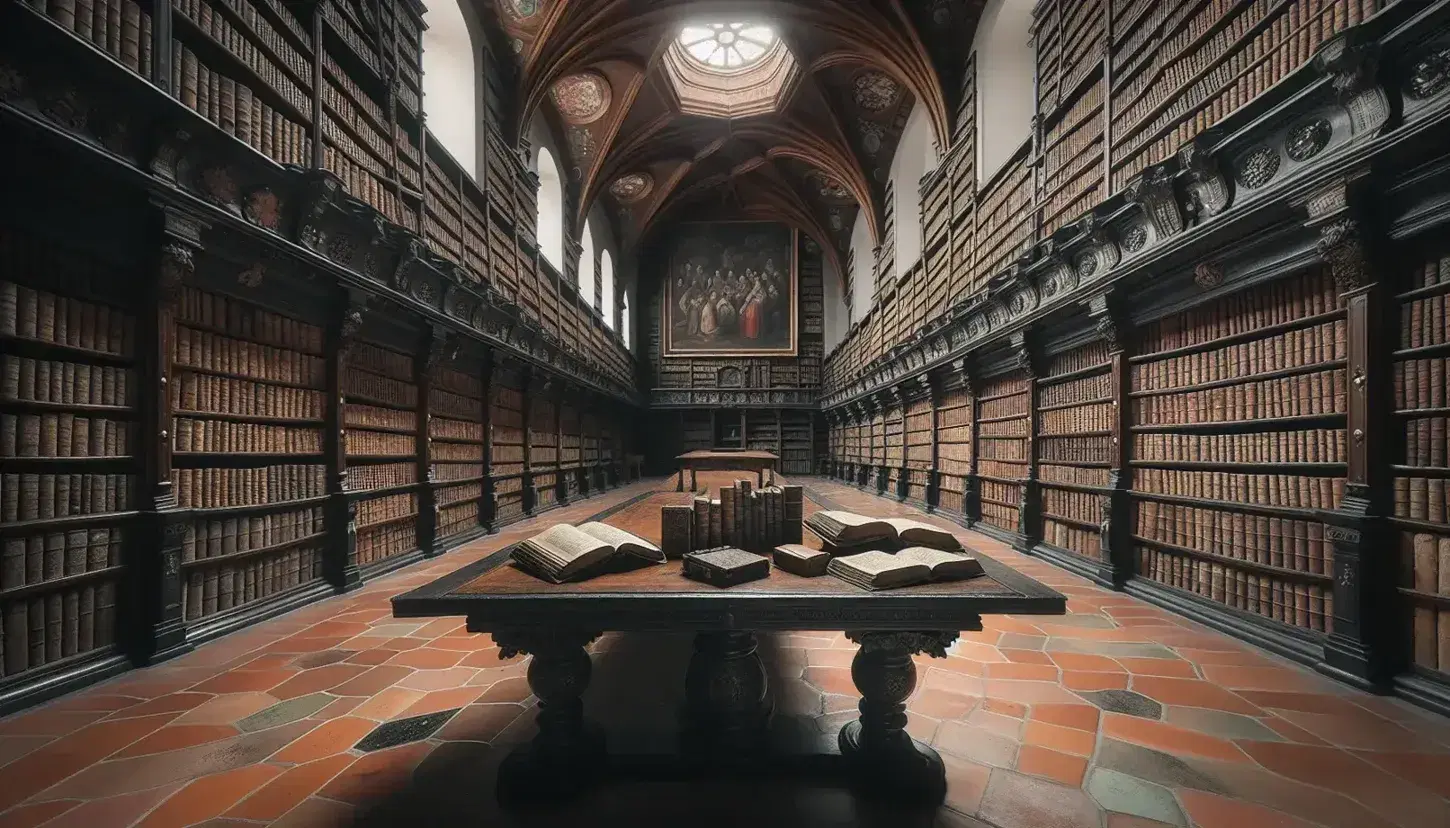Biblioteca del Monasterio de El Escorial con mesa de madera, libros antiguos y pintura renacentista en la pared, iluminada por luz natural.