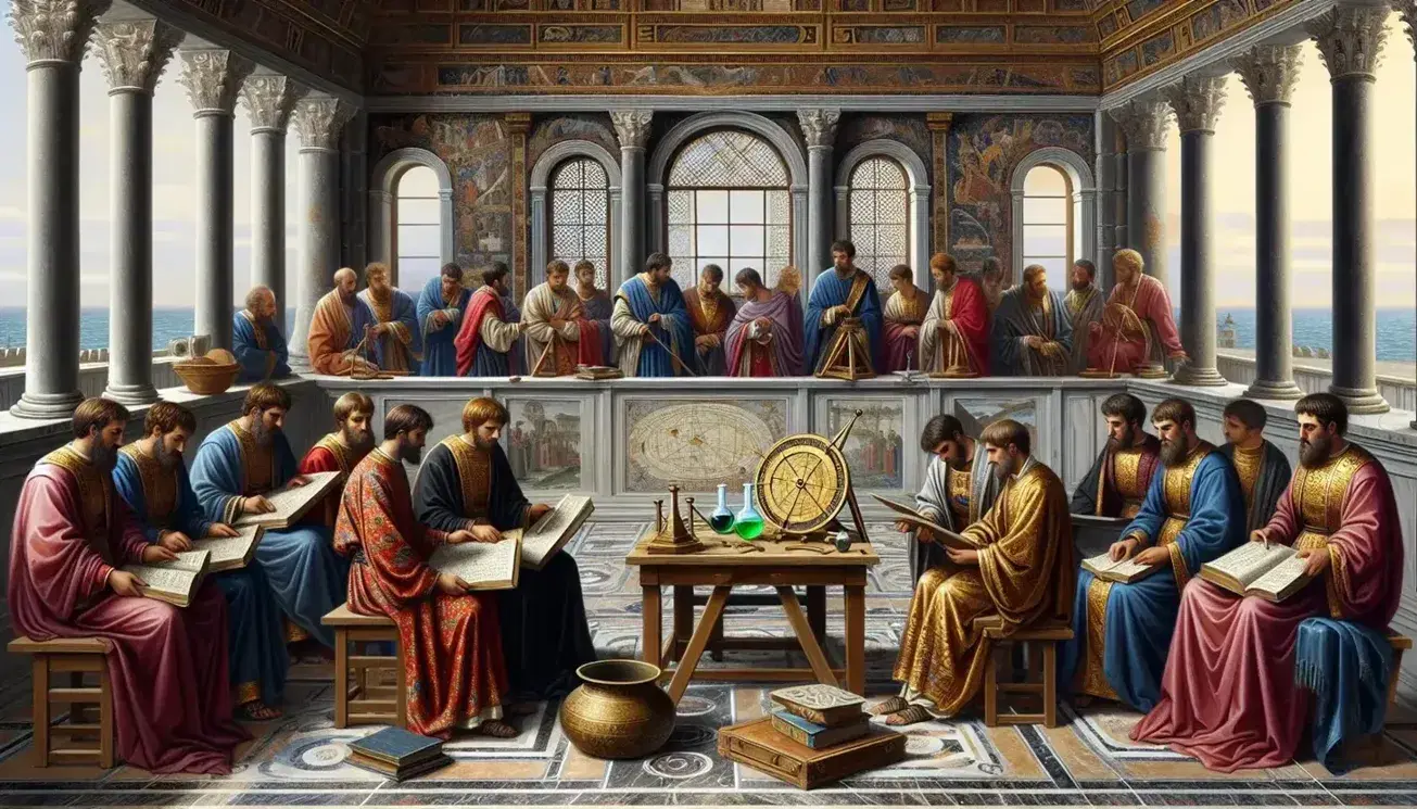 Students in Byzantine dress study in a classroom at the Imperial University of Constantinople, among marble columns and mosaics, with scientific instruments.