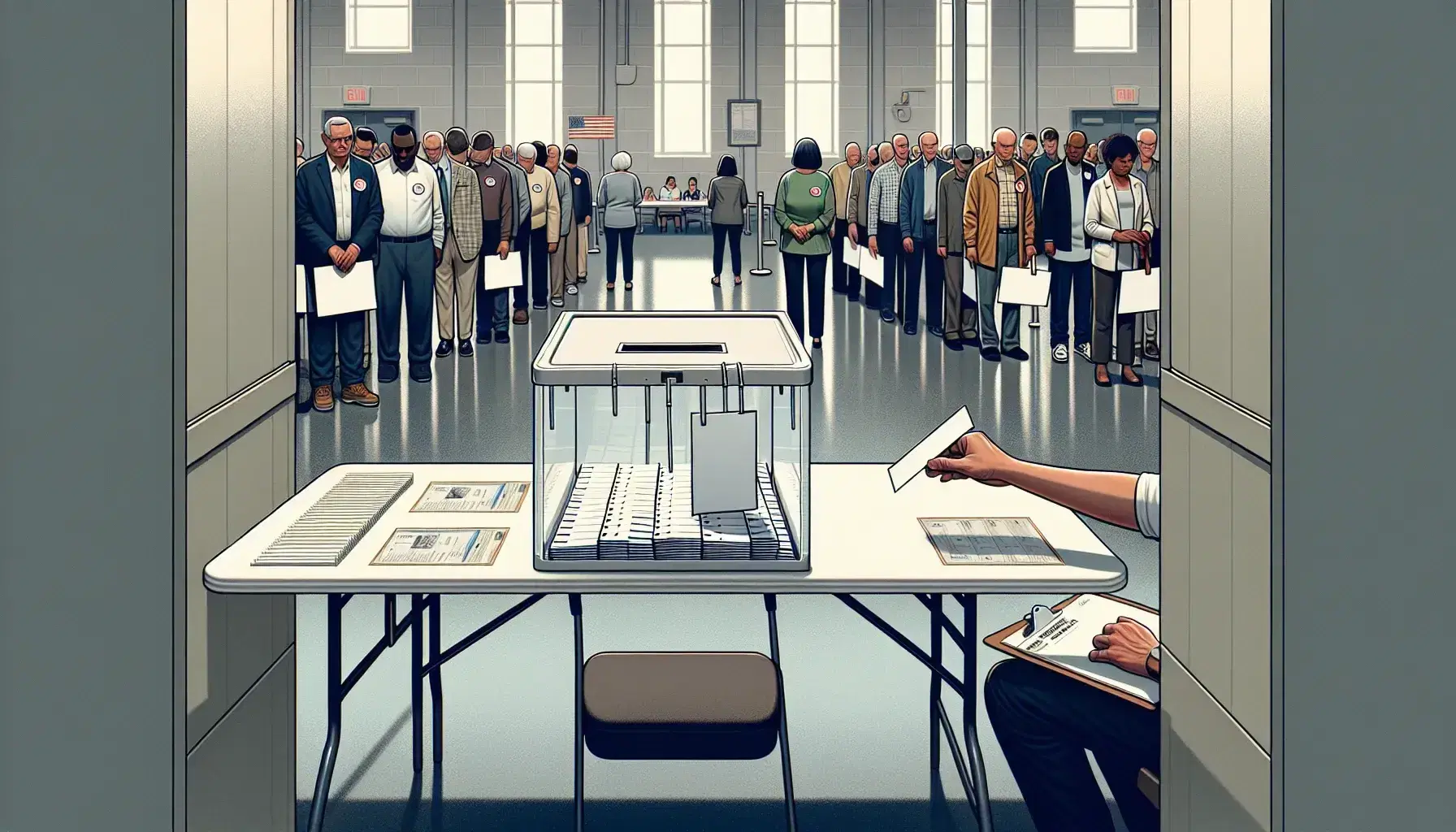 Voters queue at a polling station to insert ballots into a transparent box, overseen by a poll worker, in a well-lit, unadorned room.