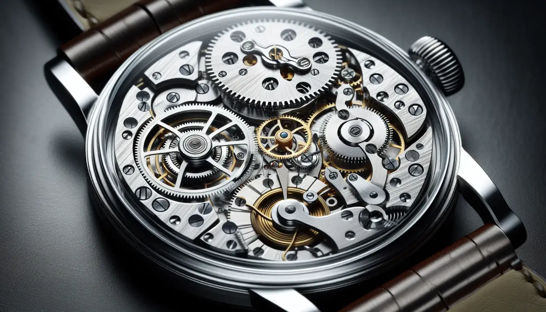 Close-up of a mechanical watch with silver gears and golden balance wheel visible through the transparent case back.