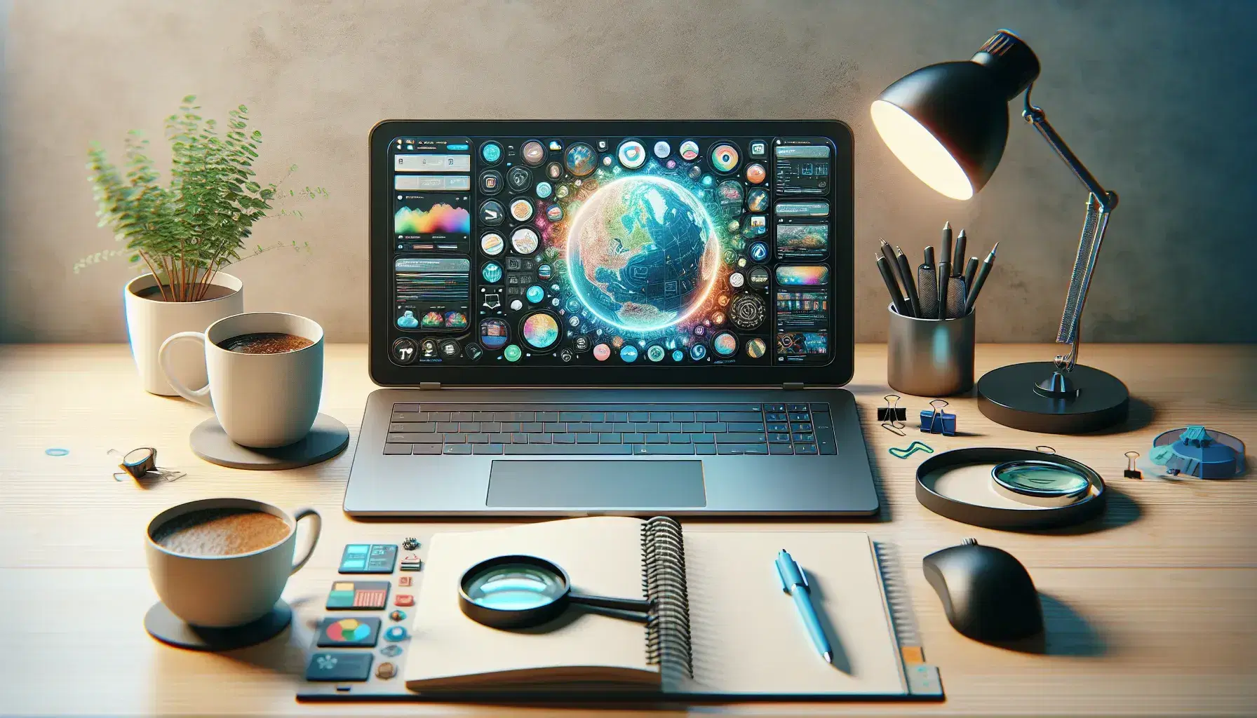 Scrivania in legno chiaro con laptop aperto, tazza di caffè, mouse wireless, quaderno, penna, globo e lente d'ingrandimento.