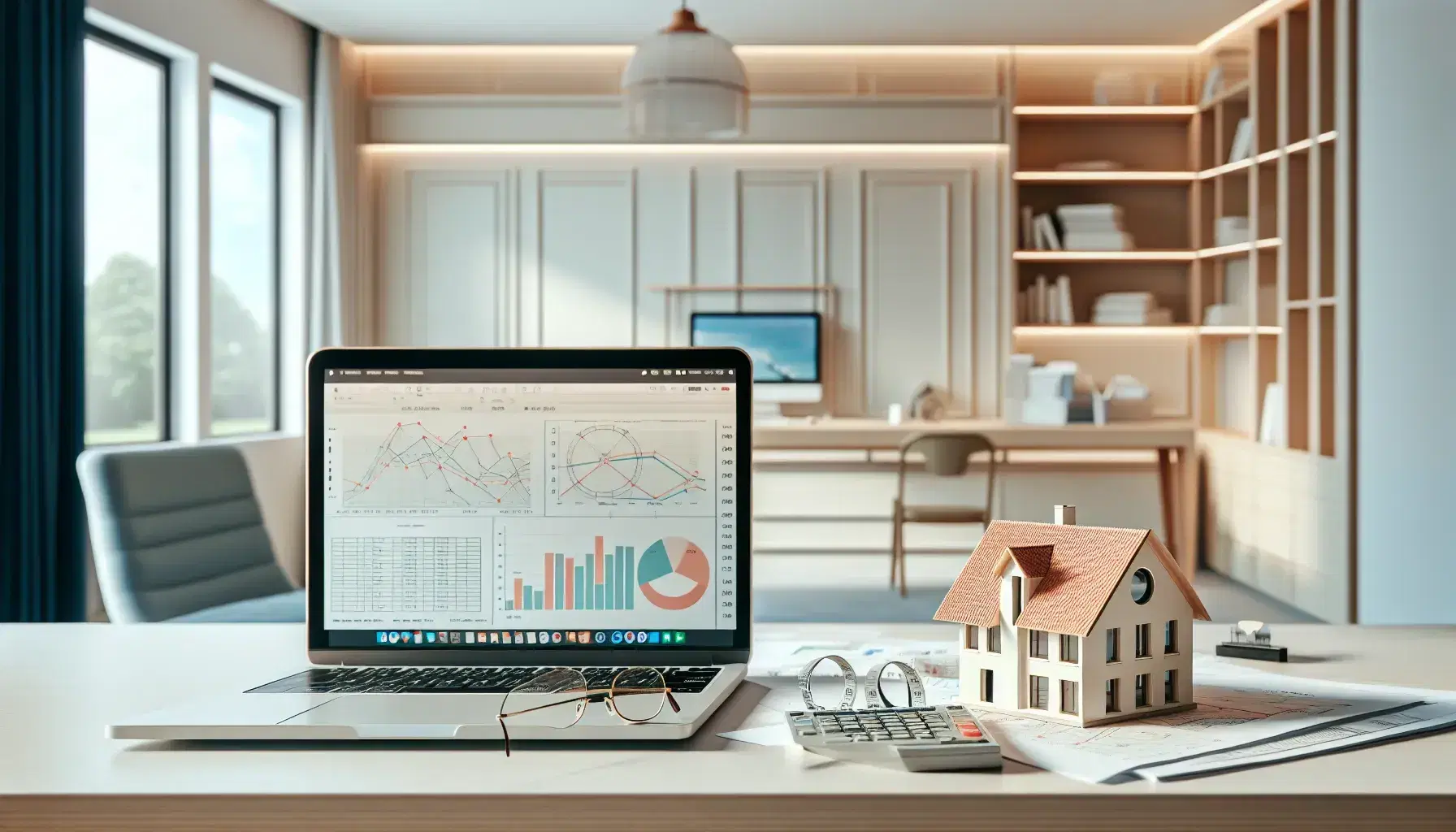 Ufficio di consulenza immobiliare moderno e luminoso con scrivania in legno, modello di casa, laptop con grafici e vista su edifici urbani.