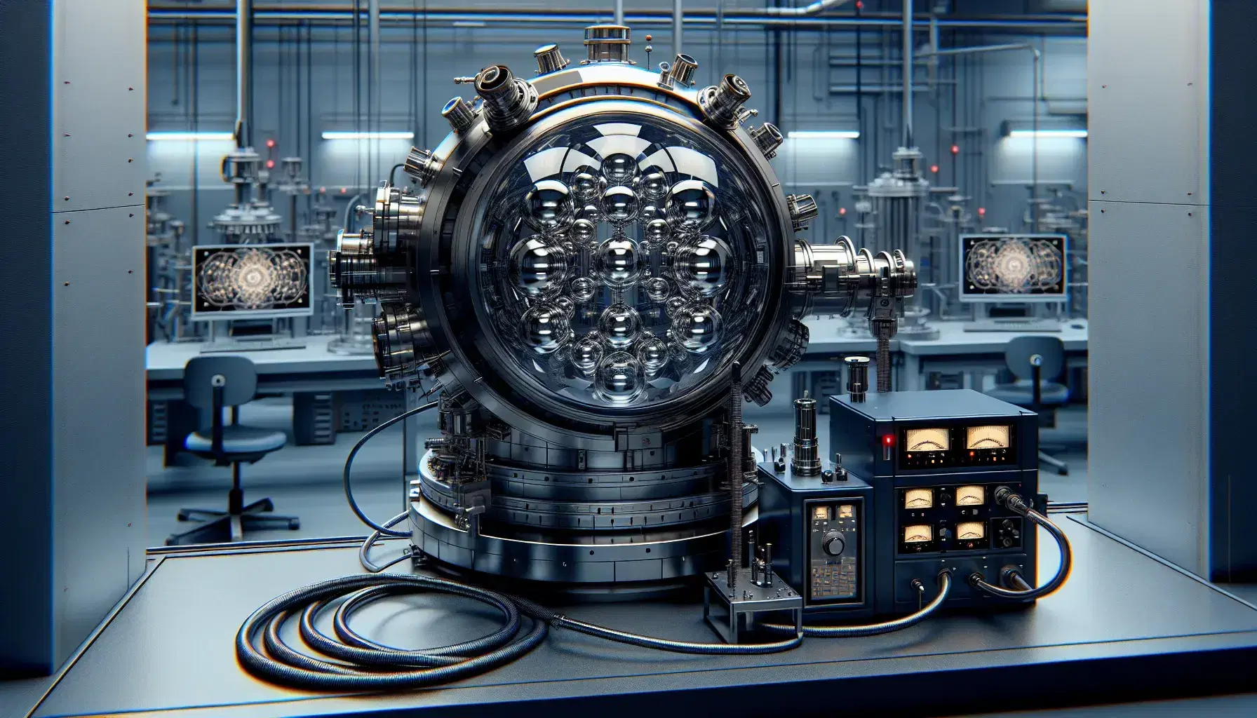 Laboratory with a cylindrical vacuum chamber, inactive electronic device, turned-off monitors, and an optical table with lenses and prisms.