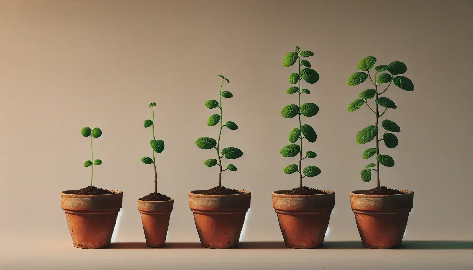 Three terracotta pots in a row with growing plants, on the left sprout, medium leafy plant, on the right mature plant with large leaves.