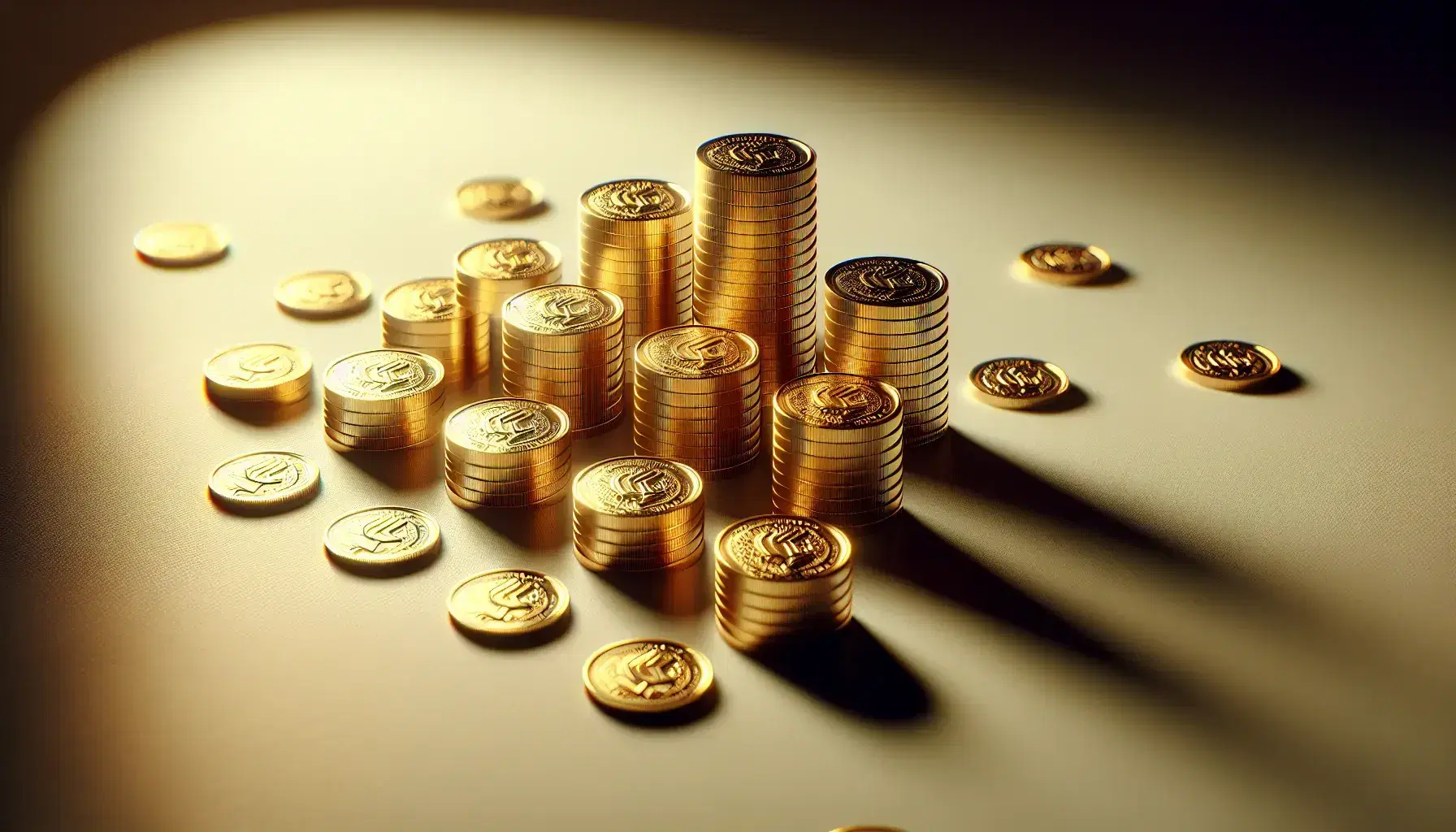 Monedas de oro brillantes en patrón rectangular con una torre inestable en el centro sobre superficie clara.