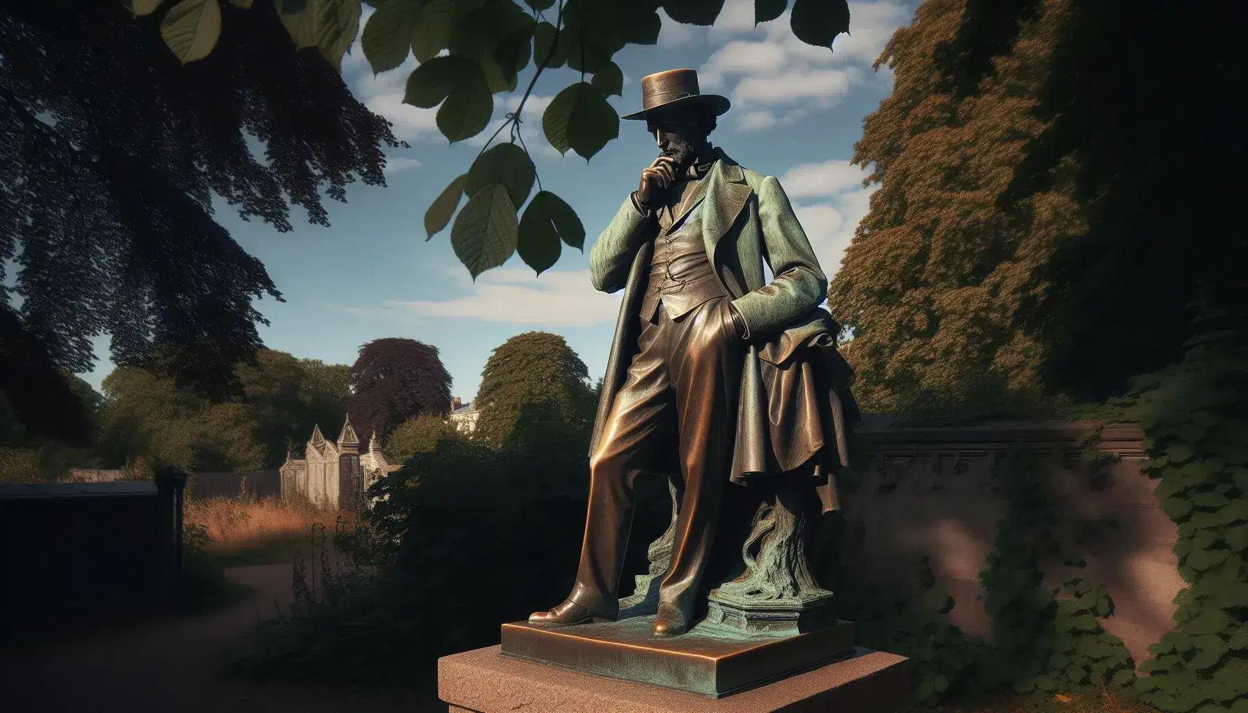 Estatua de bronce de hombre pensativo con traje y sombrero, apoyado en su barbilla, sobre pedestal de piedra en parque soleado con árboles y cielo azul.