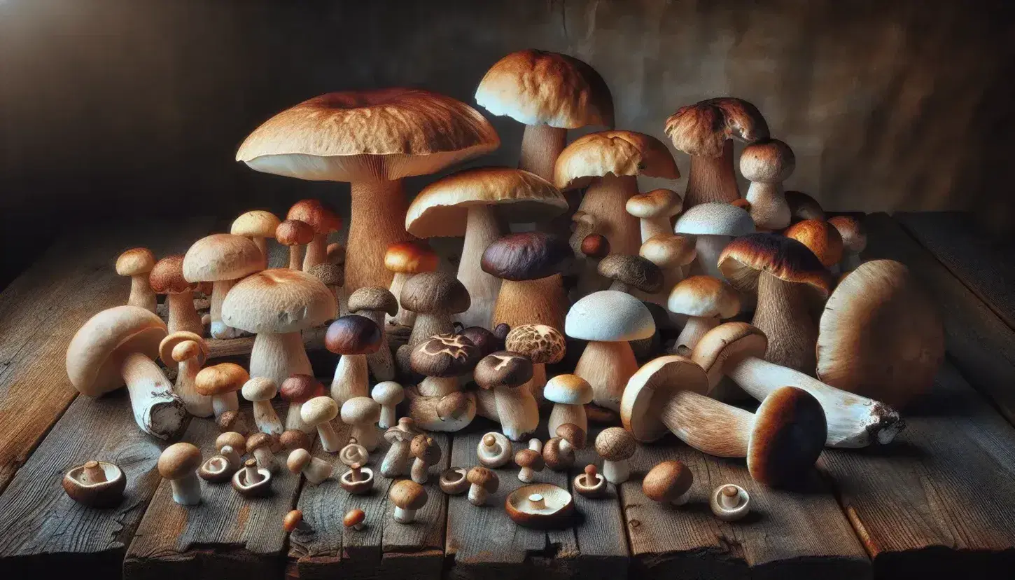 Selección de setas comestibles sobre superficie de madera rústica, destacando un Boletus edulis central, rodeado de champiñones y variedades con sombreros marrones y blancos bajo luz natural.