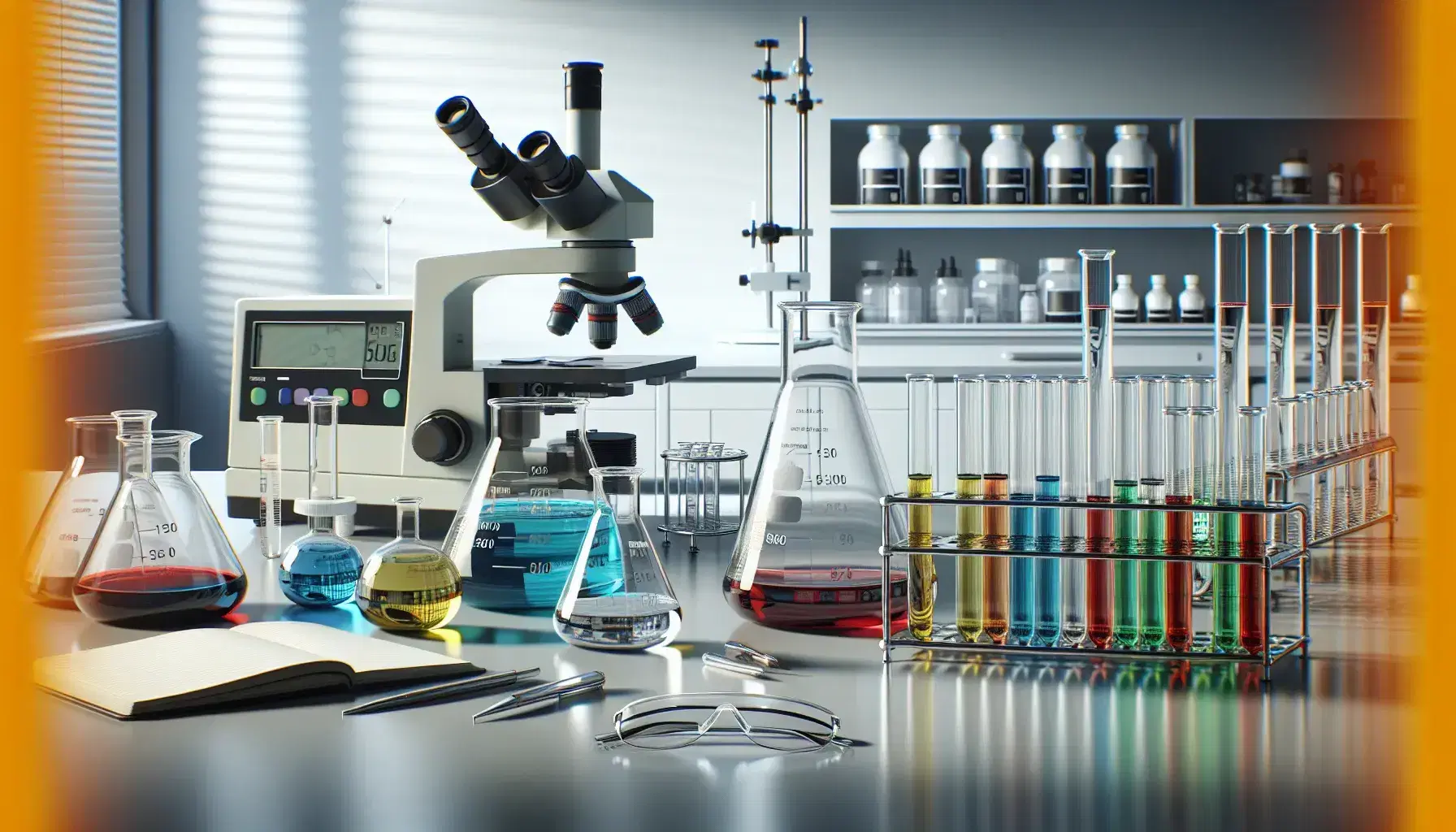 Laboratorio de química moderno con mesa blanca, matraces Erlenmeyer con líquidos de colores, tubos de ensayo, balanza digital, estante con reactivos y microscopio óptico.