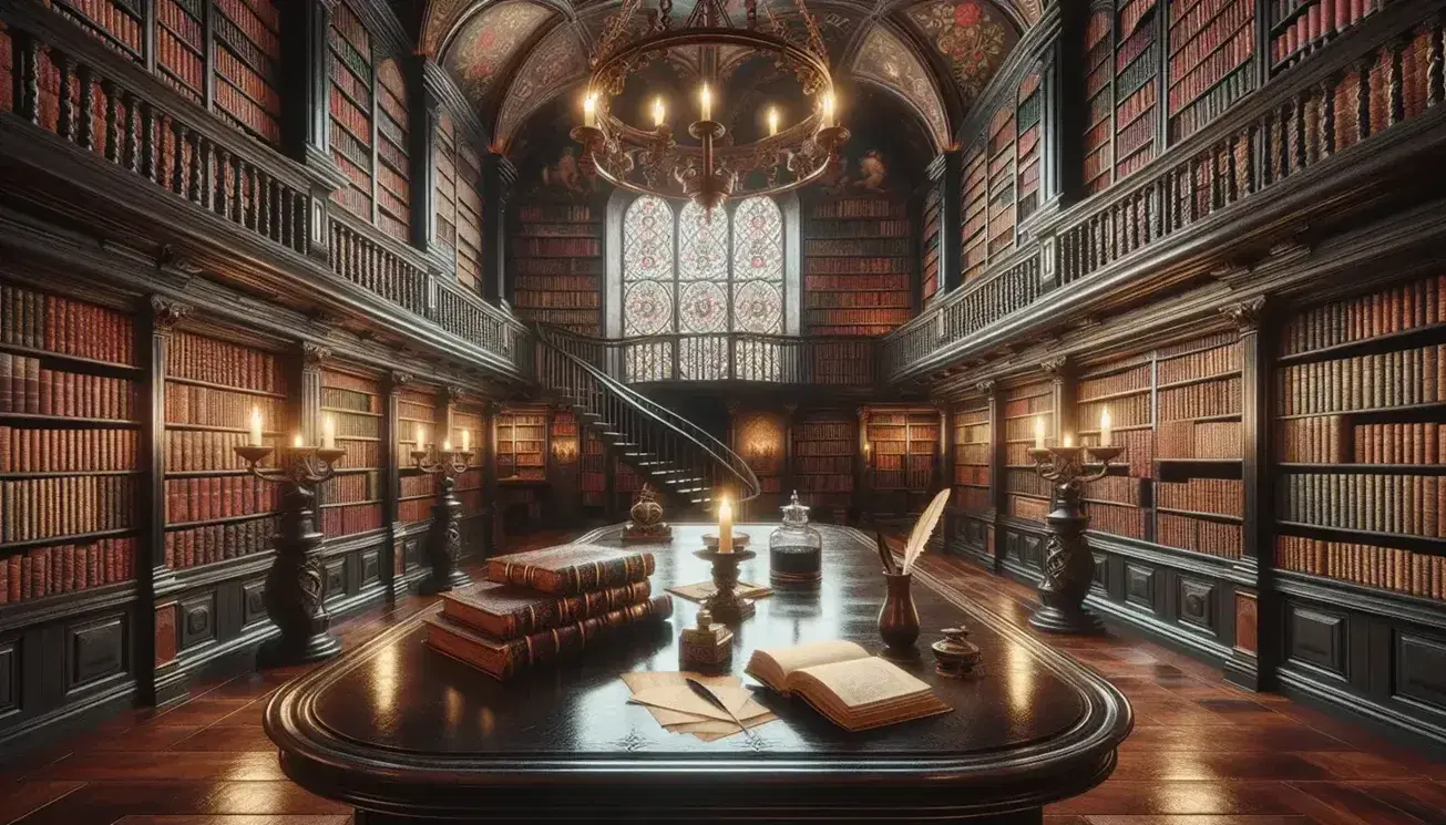 Biblioteca antica con scaffali in legno scuro, scala a chiocciola, tavolo ovale con libri aperti, calamaio e lampadario a candele.