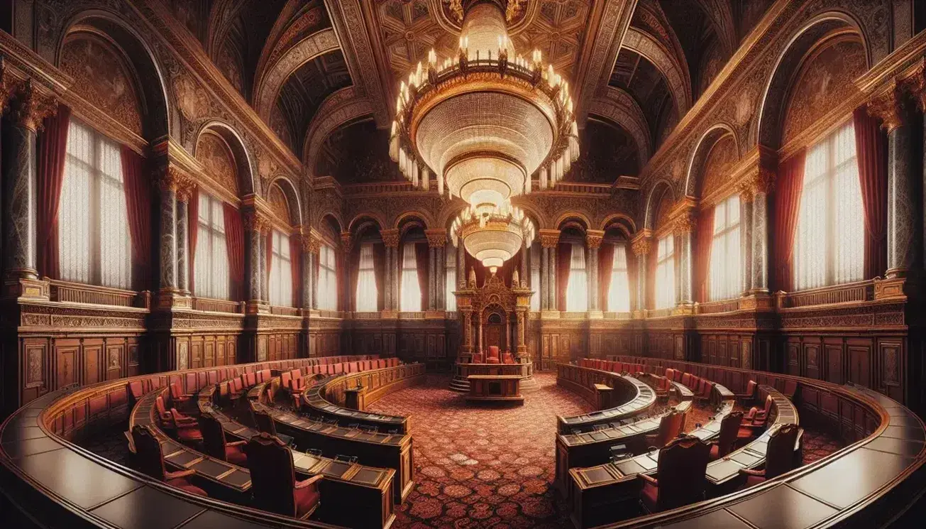 Historical parliamentary chamber with high ceilings, ornate chandelier, arched windows with red curtains, and semi-circular wooden desks.