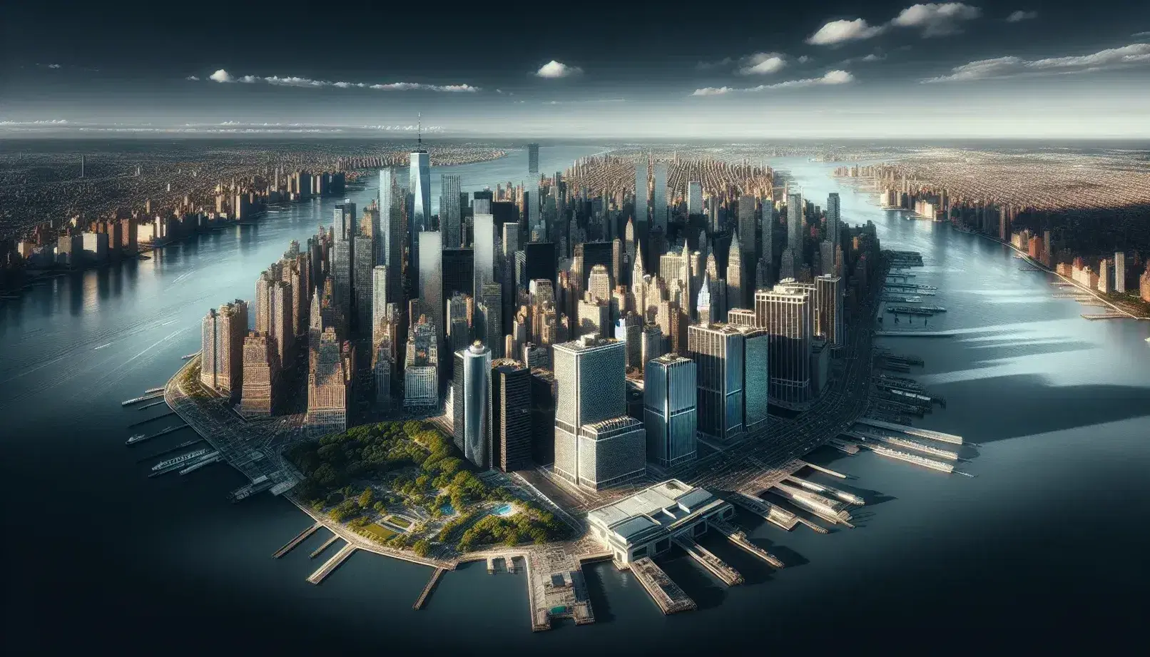 Veduta aerea di Midtown Manhattan con grattacieli scintillanti al sole, ombre nette sulle strade e tocchi di verde tra il grigio urbano.
