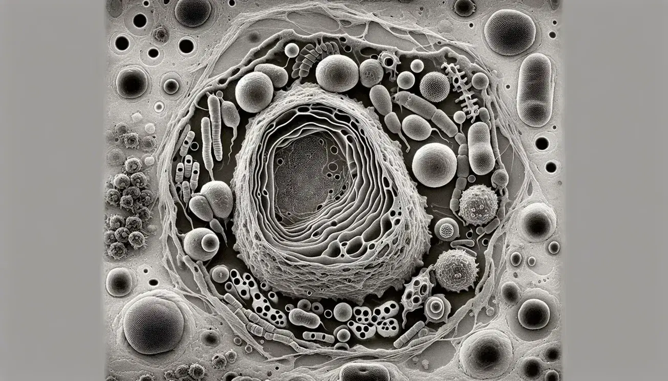 Micrografía electrónica de transmisión en escala de grises mostrando la estructura interna de una célula eucariota con núcleo, nucleolo, retículo endoplásmico, mitocondrias y posible cloroplasto.