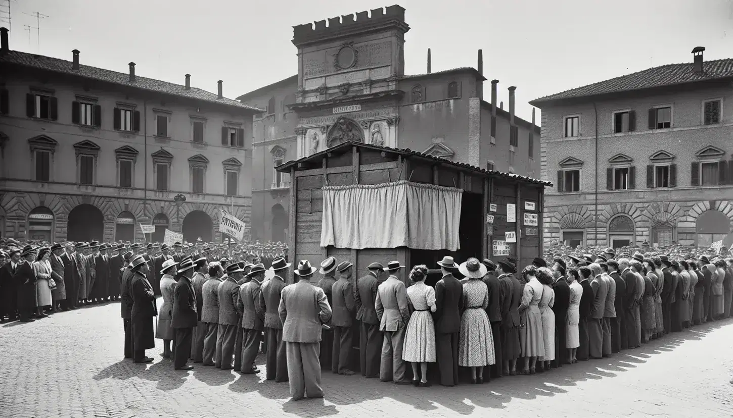 Folla in attesa al seggio elettorale improvvisato in piazza italiana durante il referendum del 2 giugno 1946, con abiti d'epoca e architettura storica.