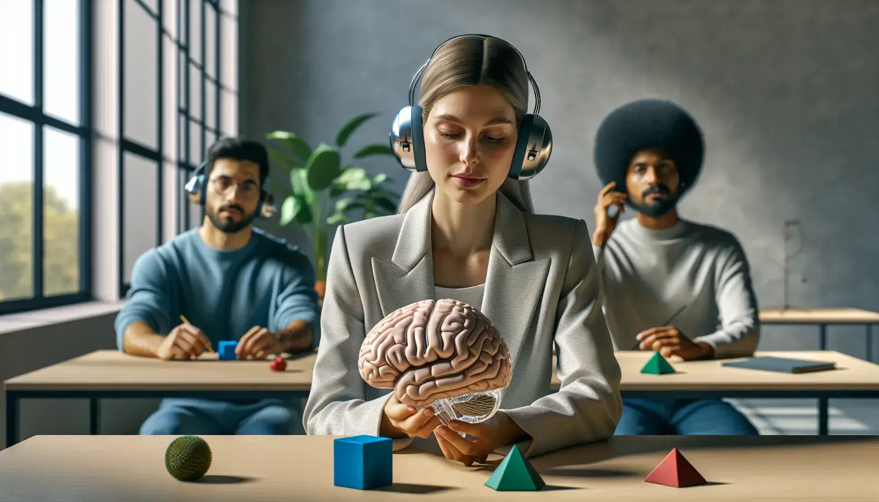 Caucasian student examines transparent brain model, Middle Eastern student listens to audio lesson, South Asian student plays with colorful geometric shapes, black student observes plant with magnifier.