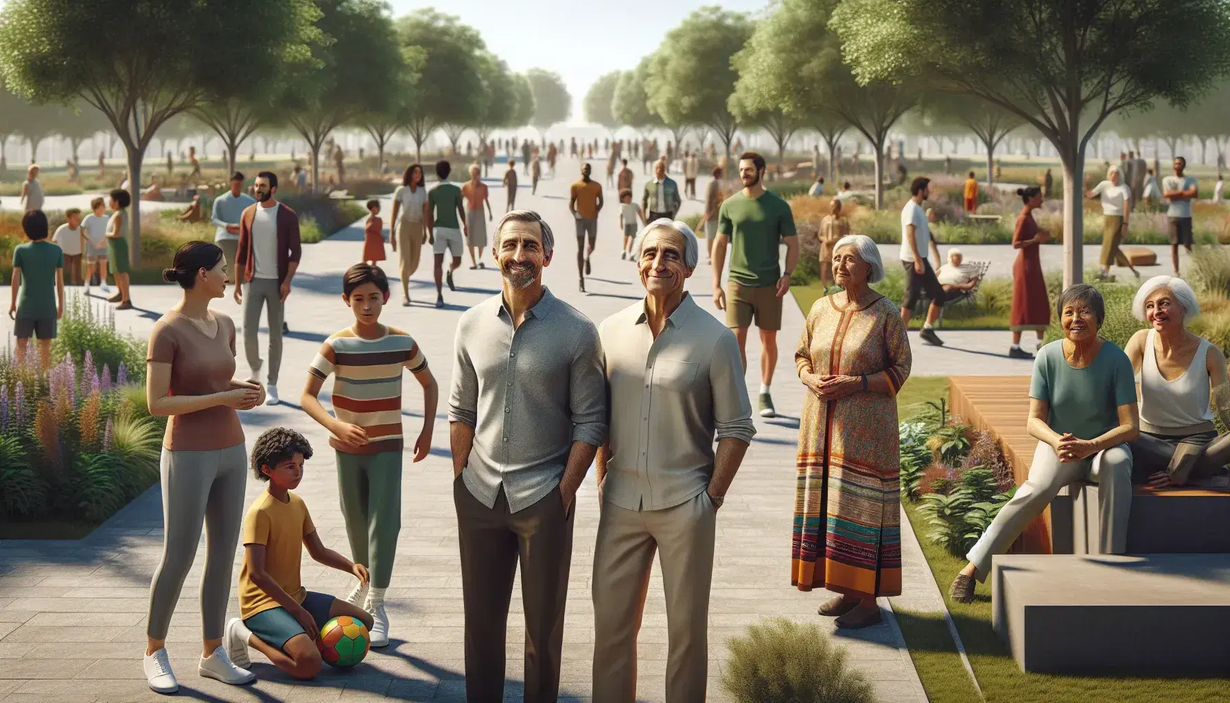 Grupo de personas de diversas edades y etnias disfrutando de un parque soleado con árboles verdes, un niño jugando con un balón y una mujer mayor sentada en un banco.