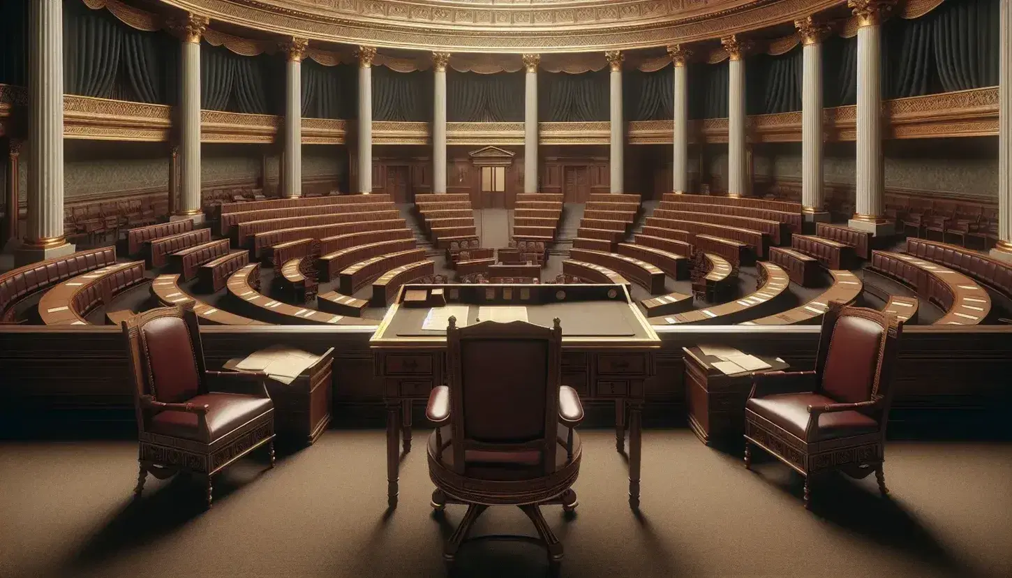 Elegant legislative chamber with semi-circular wooden desks, an elevated central desk with a red leather chair, domed ceiling, and grand chandelier.