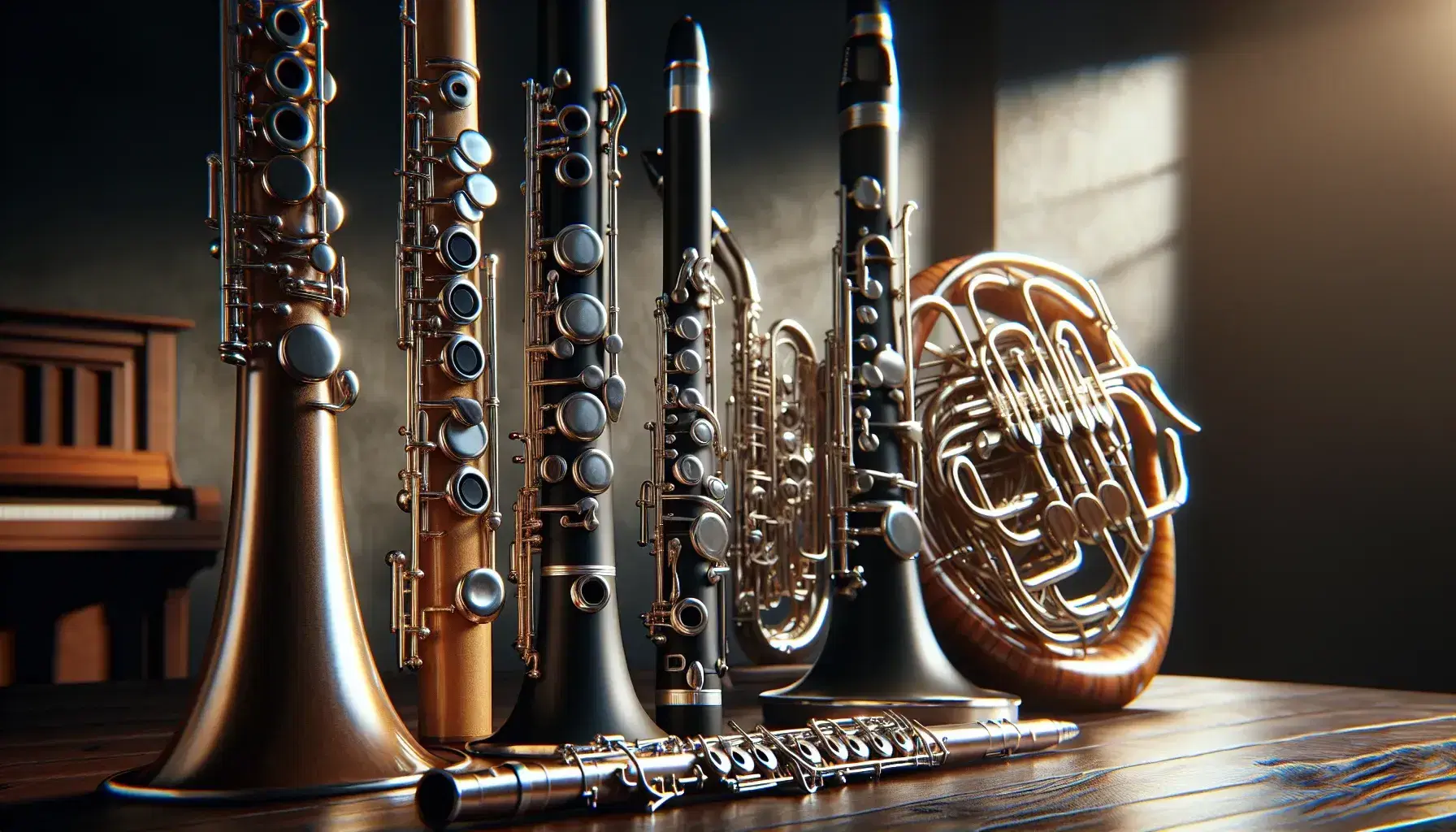 Strumenti a fiato su tavolo scuro: flauto argenteo, oboe marrone lucido, clarinetto nero e fagotto marrone curvo.