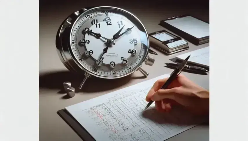 Orologio analogico segna le 10:10 accanto a calendario con date evidenziate e mano con penna su foglio bianco, simbolo di pianificazione lavorativa.