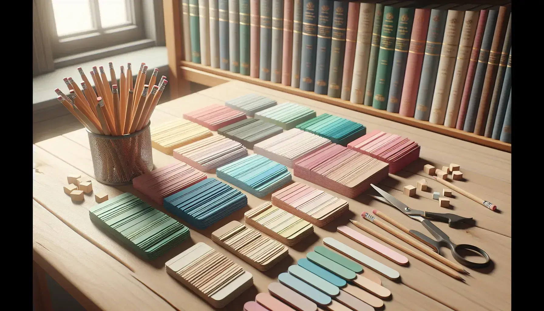 Mesa de madera clara con fichas de cartulina en tonos pastel, lápices de madera y tijeras, fondo desenfocado con estantería y libros.